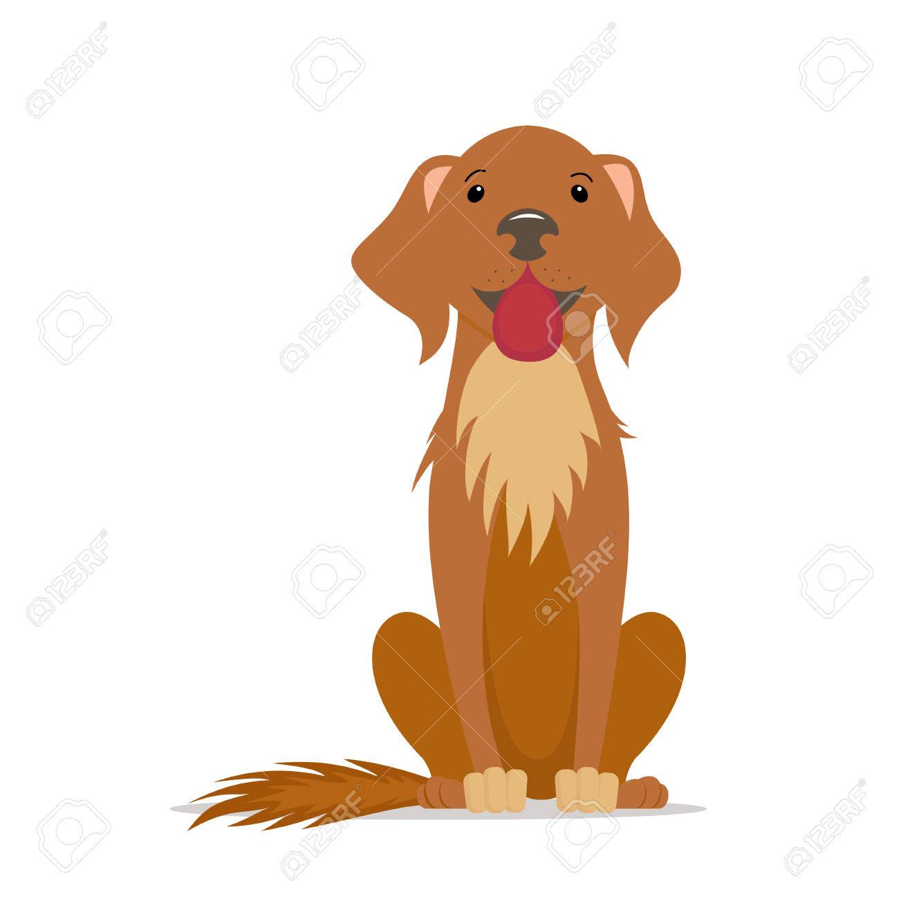 かわいい 優しい大きな犬は 舌を白い背景で隔離正面漫画イラスト正座します 茶色の犬 子犬の文字 座って 正面図の漫画肖像画 のイラスト素材 ベクタ Image