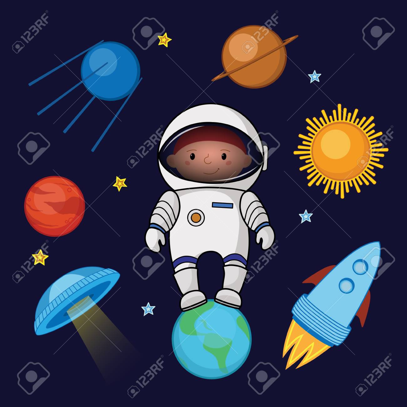 little boy spaceman in space rocket satellite ufo planets