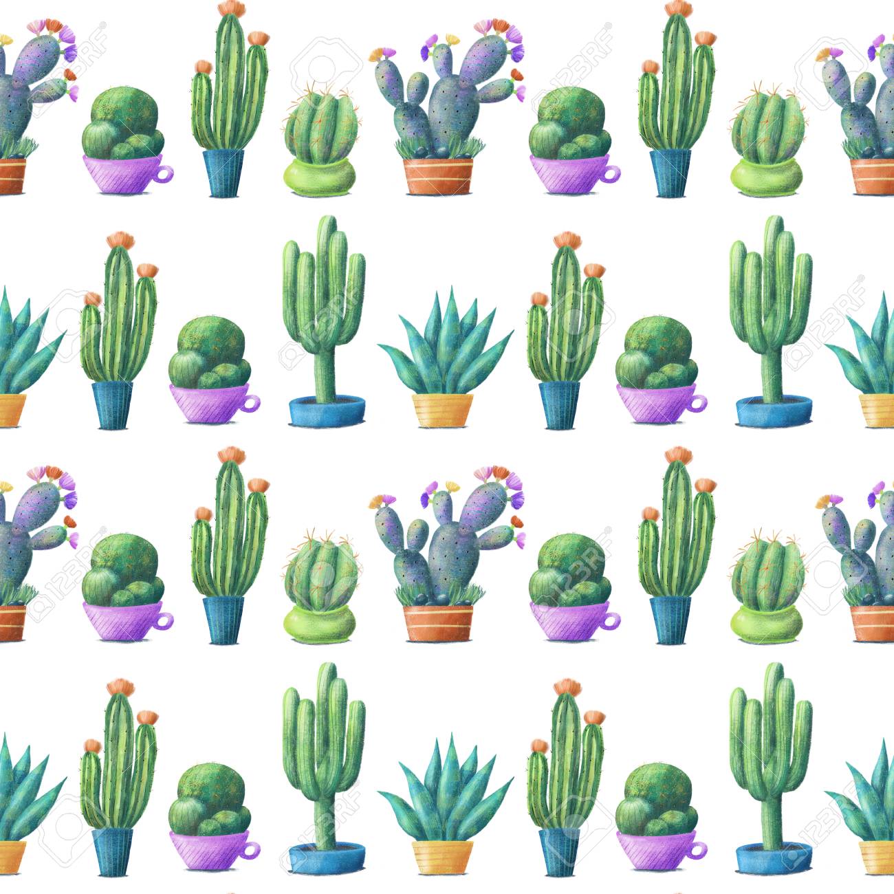 Regular Seamless Pattern With Cute Cacti Tall Round Prickly