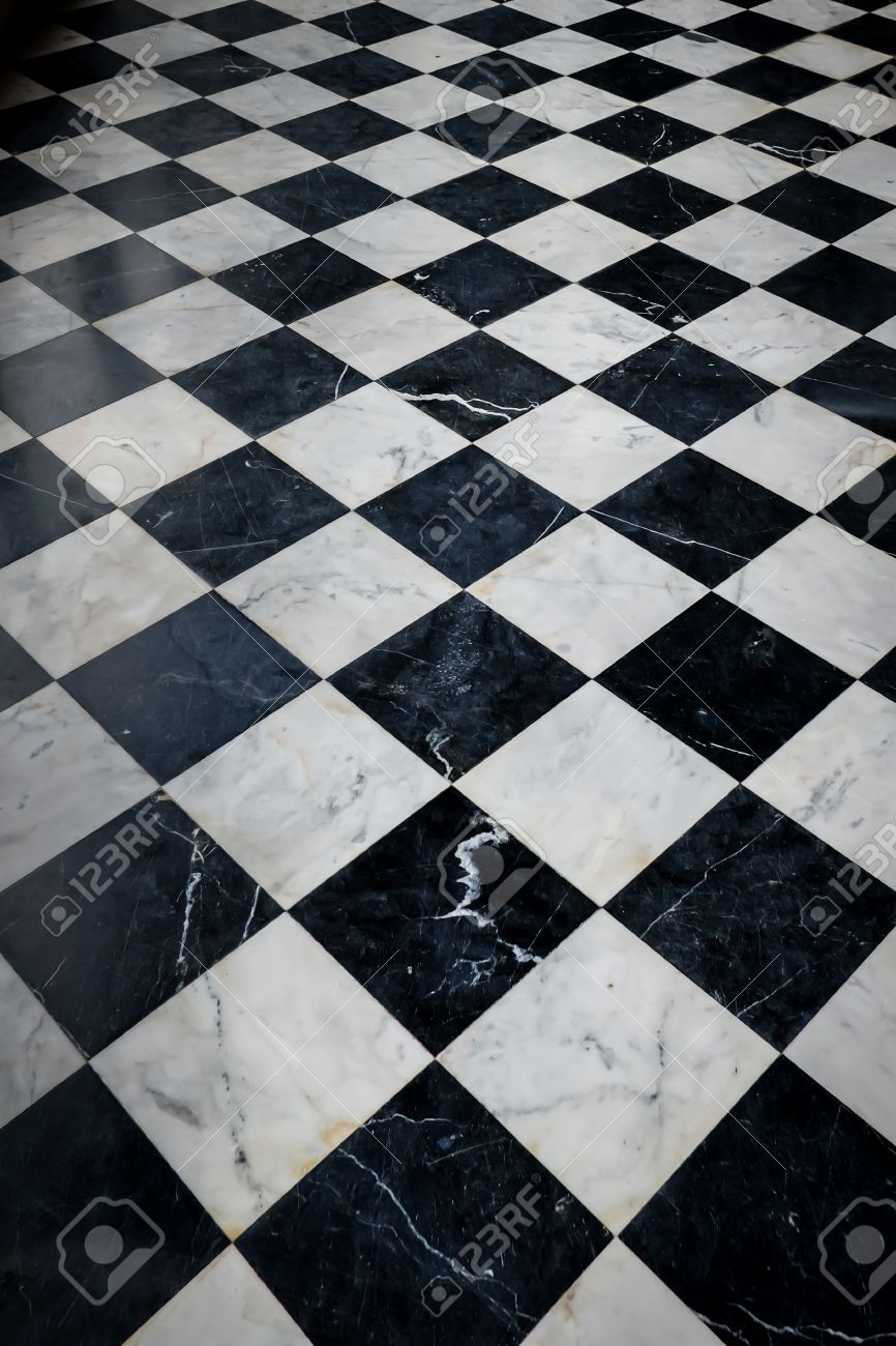 Black And White Checkered Marble Floor Pattern Stock Photo