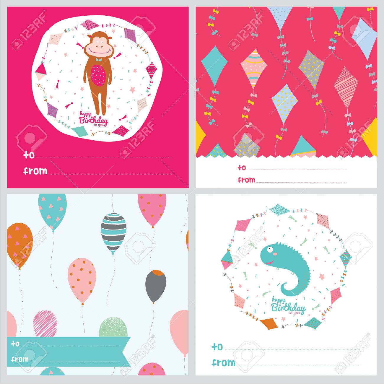 かわいい動物 シームレスなパターン 風船の願いと正方形のグリーティング カードのセットです ベクトル イラストかわいいと漫画のスタイル 休日デザイン カードやポスターに最適です スクラップブッ キング のイラスト素材 ベクタ Image
