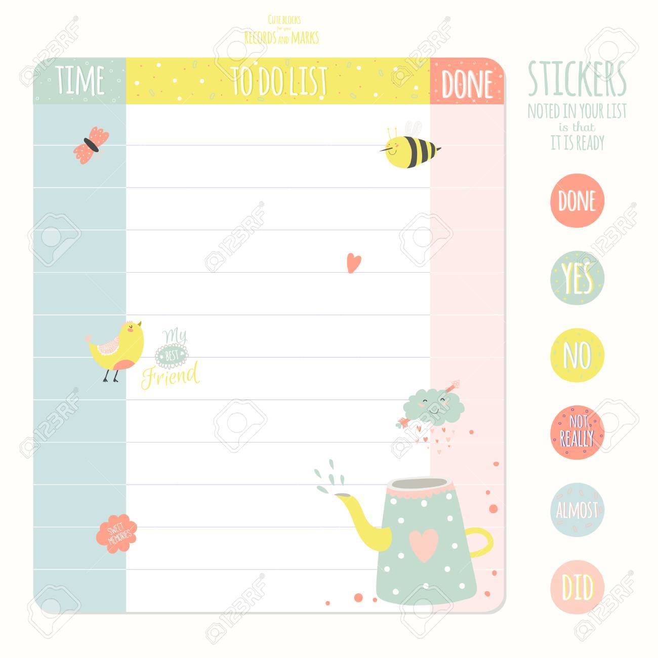 かわいいカード ノート 春と夏のイラストを使用したステッカー スクラップブッ キング ノート 日記 個人的なスケジュール 学校付属品のテンプレートです のイラスト素材 ベクタ Image