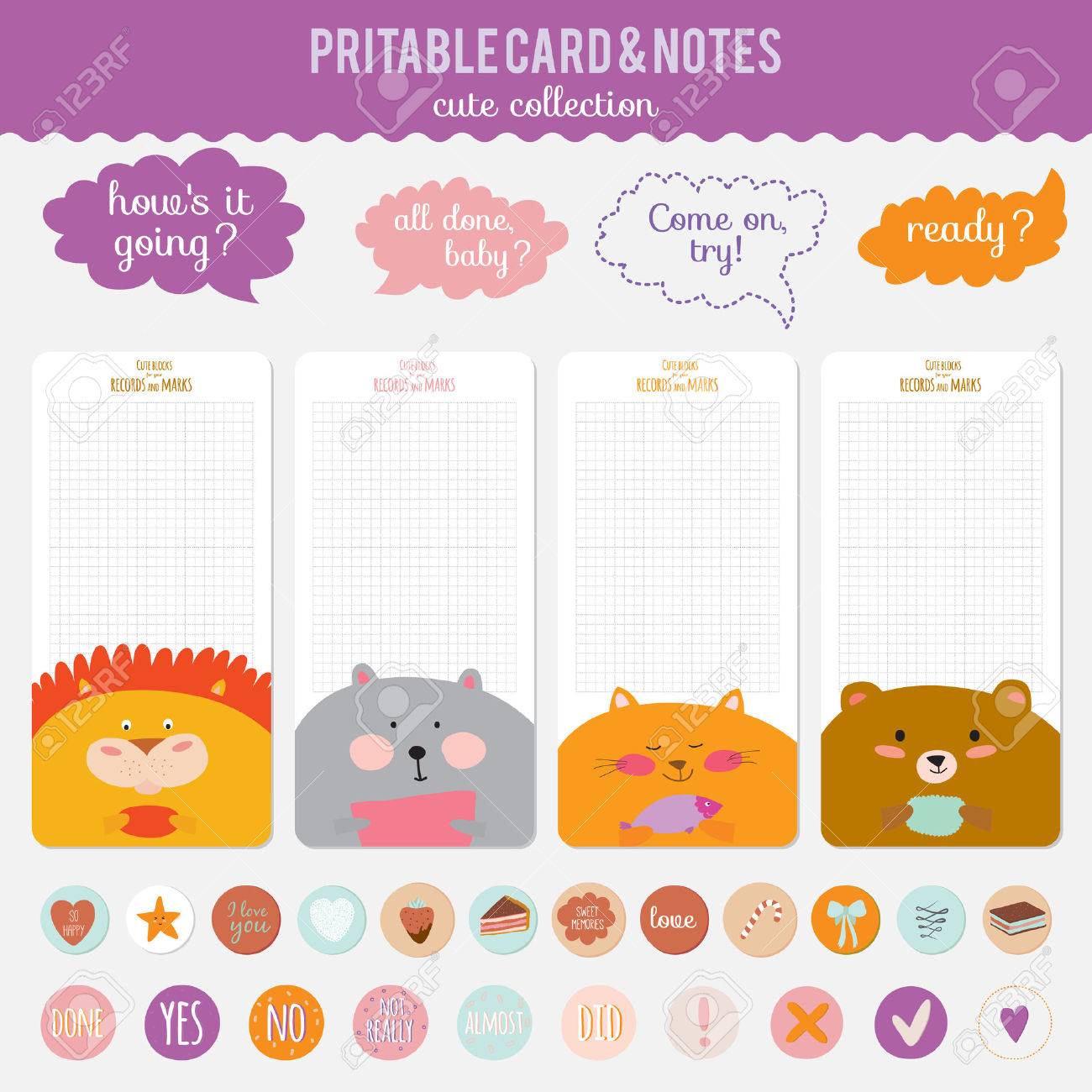 cute cards notes and stickers with spring and summer illustrations