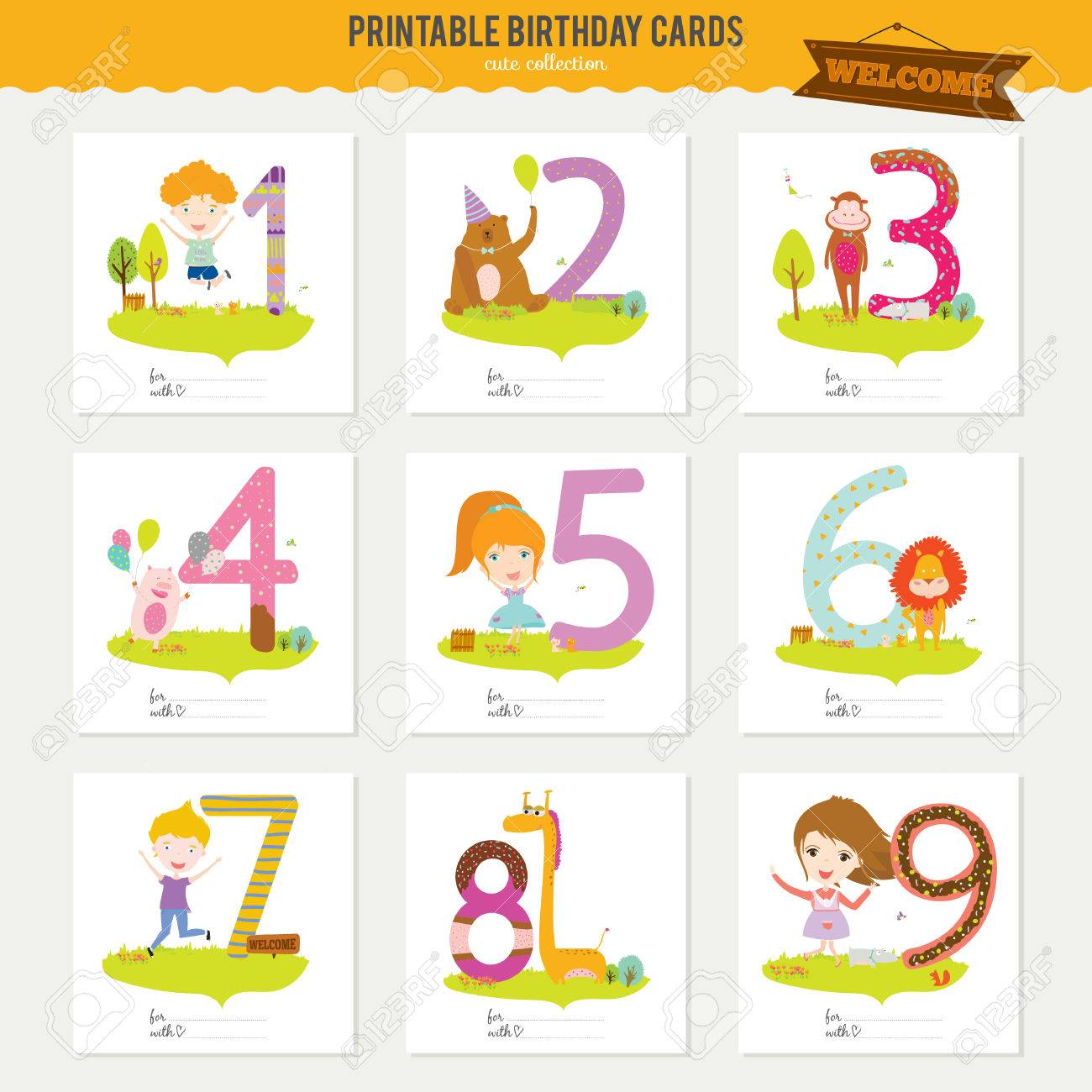 Birthday Anniversary Numbers With Cute Animals And Kids And Birthday