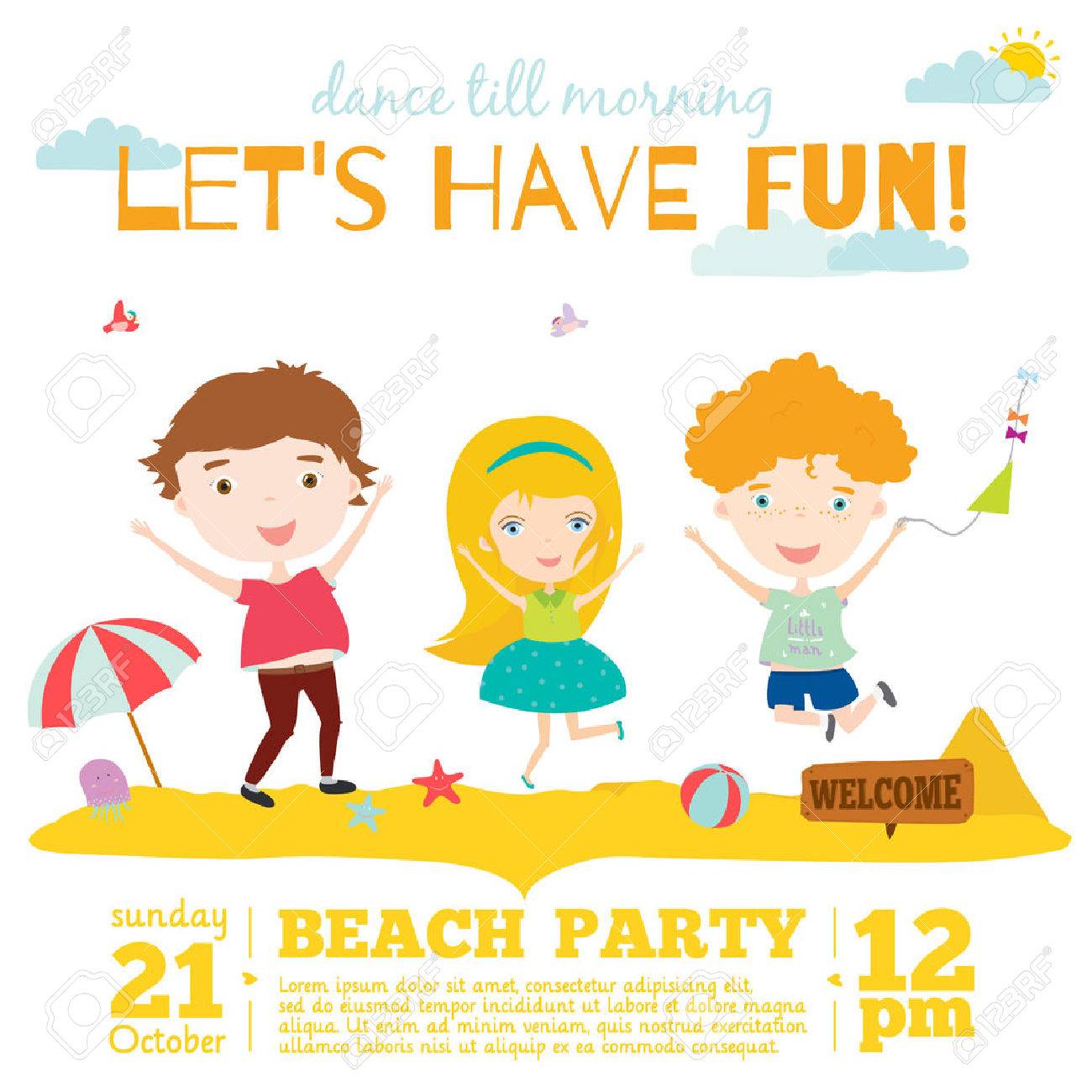 vector invitation card on summer beach party with smiling and kids beach party invitation