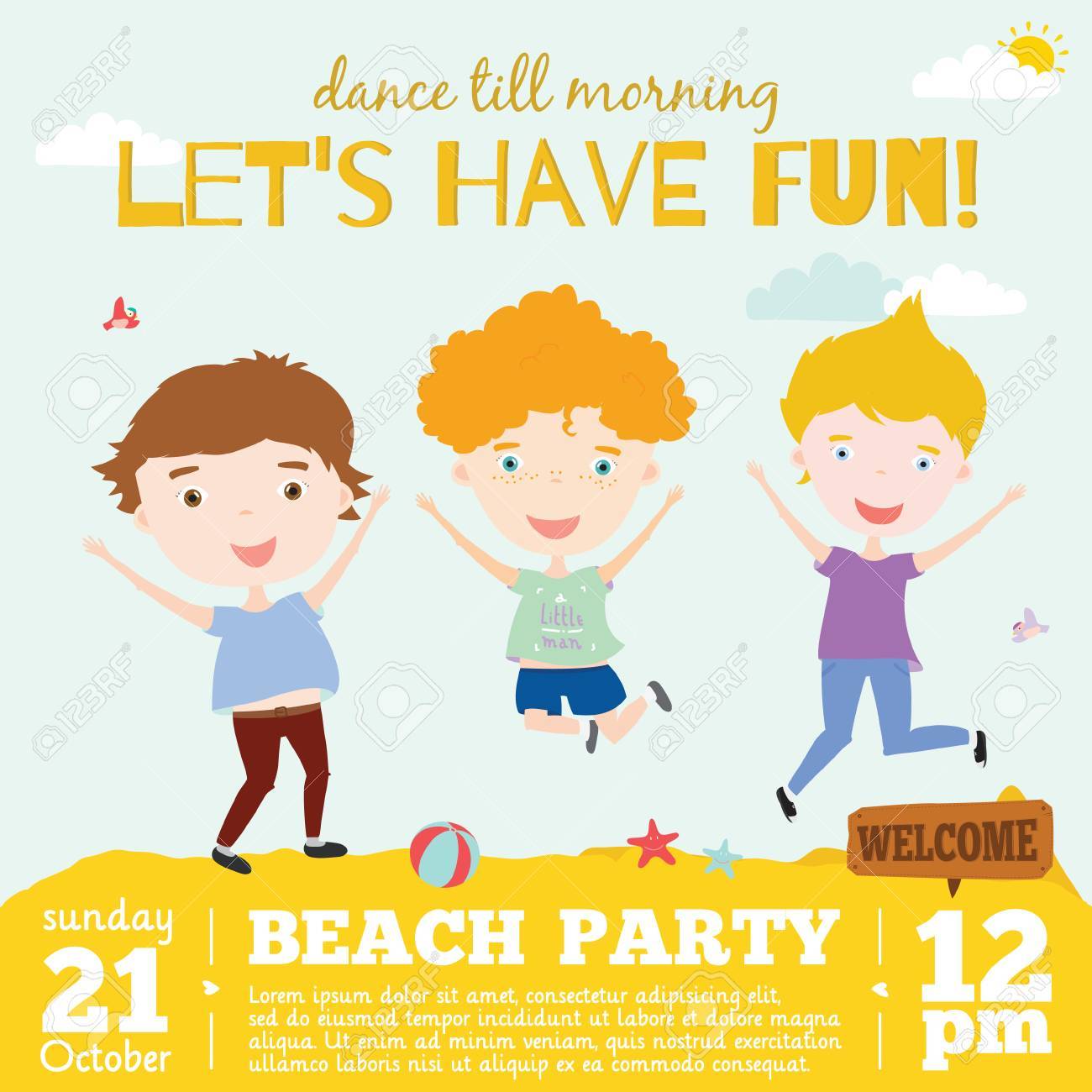 vector invitation card on summer beach party with smiling and kids beach party invitation
