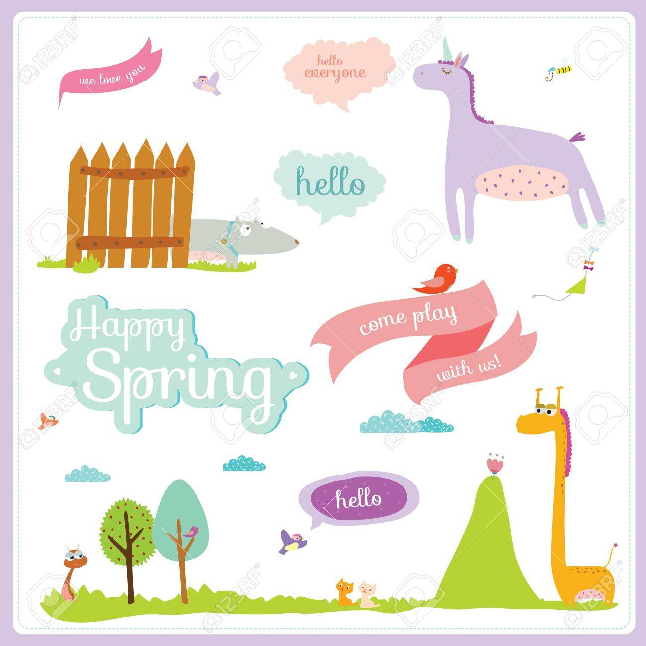 Vector Reihe Von Comic Und Lustige Tiere Mit Platz Text Template Sommer Und Fruhling Illustration In Niedlichen Stil Vintage Kollektion Kann Fur Alles Gute Zum Geburtstag Grusse Und Anderen Feiertagen Verwendet Werden Lizenzfrei