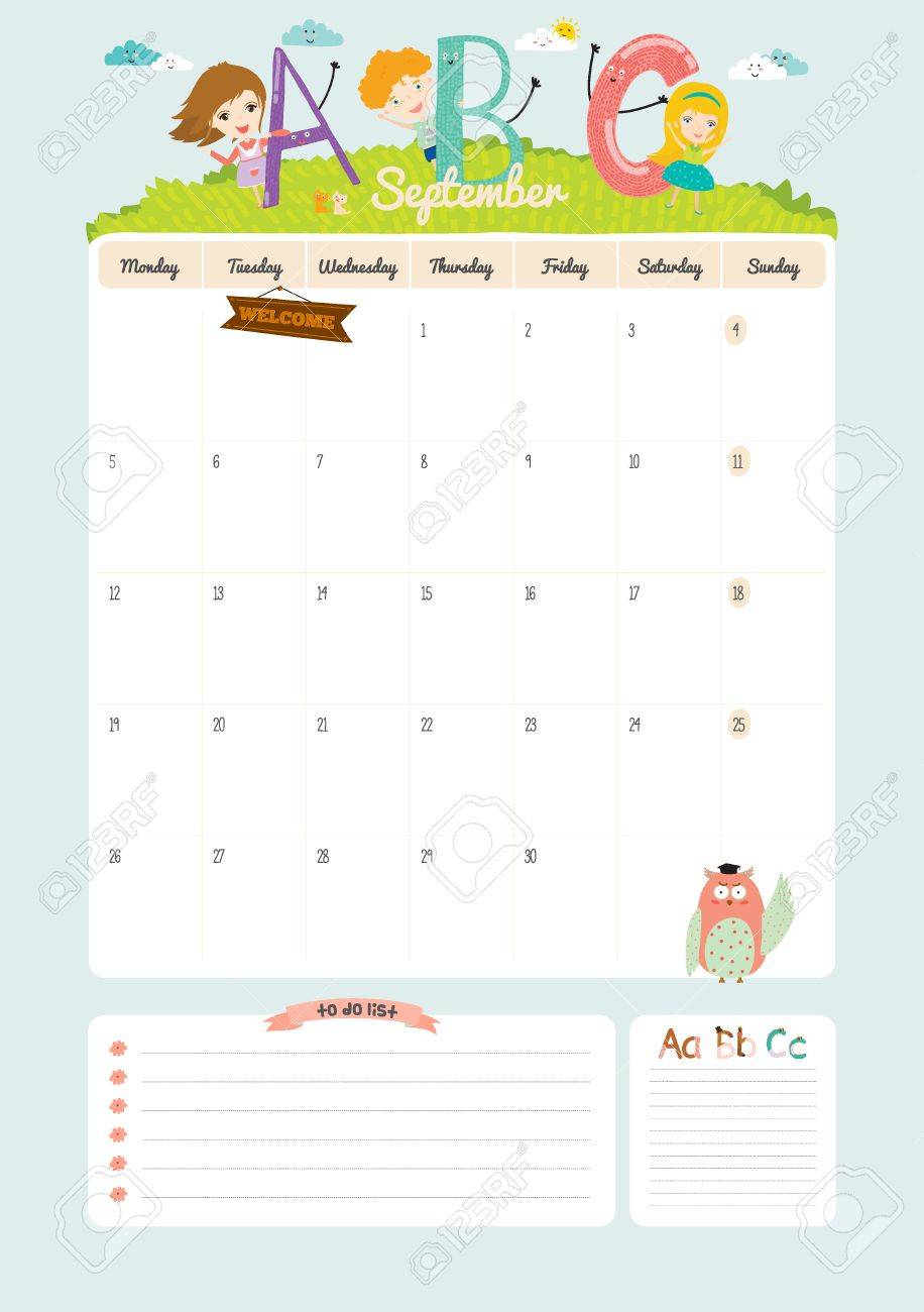 16 年のかわいいカレンダー テンプレートです ベクトル記号と面白いイラスト美しい日記動物と子供たち 流行シーズン休日背景 良い主催者とスケジュールとノートを場所します のイラスト素材 ベクタ Image