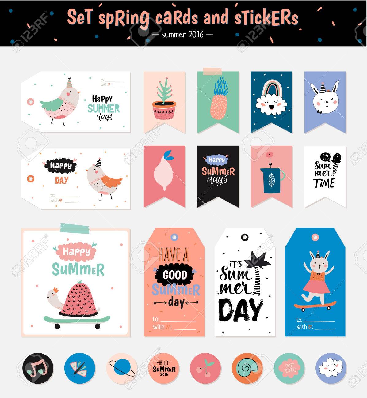 かわいい夏北欧設定のグリーティング カード ギフトタグ ステッカーとベクターの Trandy 夏要素とラベル テンプレート グラフィック デザインの要素を持つ休日夏の現代概念 のイラスト素材 ベクタ Image