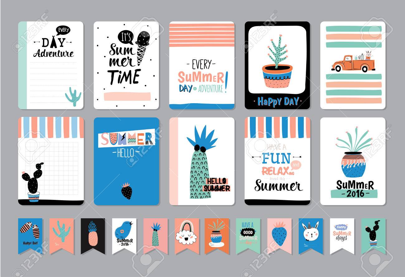 かわいい夏北欧設定のグリーティング カード ギフトタグ ステッカーとベクターの Trandy 夏要素とラベル テンプレート グラフィック デザインの要素を持つ休日夏の現代概念 のイラスト素材 ベクタ Image
