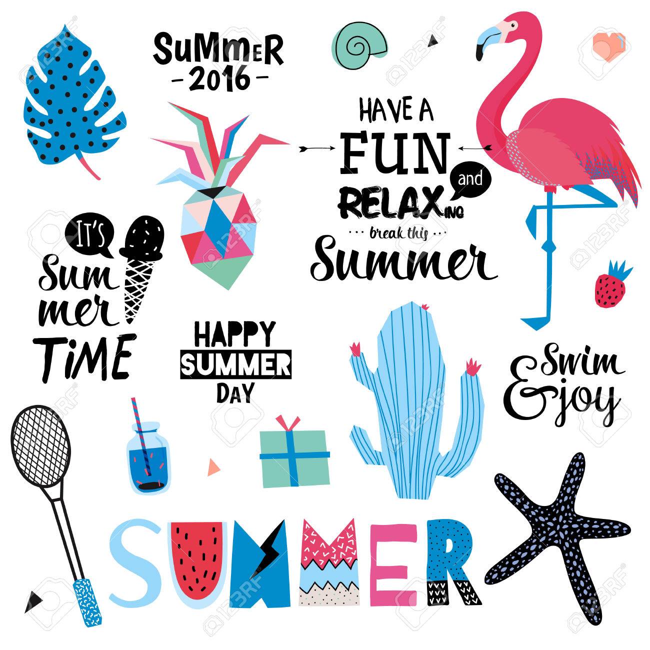 かわいい夏デザイン スカンジナビアは トレンディな休日夏要素のセット 文字体裁の夏 ベクトル 分離されました 白い背景 近代的な概念 ハワイ スポーツ パーム パイナップル フラミンゴ のイラスト素材 ベクタ Image