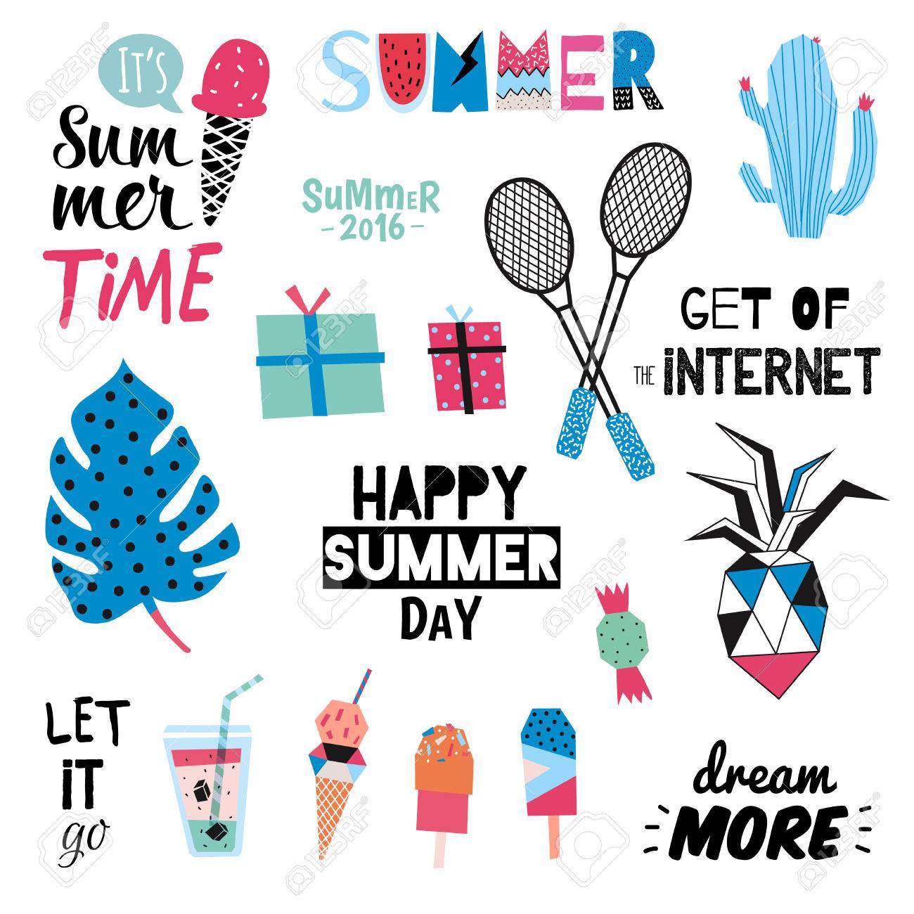 かわいい夏デザイン スカンジナビアは トレンディな休日夏要素のセット 文字体裁の夏 ベクトル 分離されました 白い背景 現代の夏のコンセプトです ハワイ スポーツ ヤシ パイナップル のイラスト素材 ベクタ Image