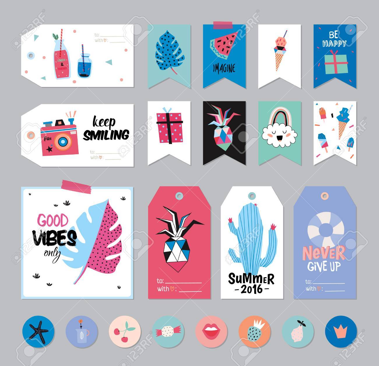 かわいい夏の北欧は グリーティング カード ギフトタグ ステッカーとトレンディな夏の要素とラベル テンプレートのセット ベクトル 夏の現代概念グラフィック デザインの要素を持つ フルーツ アイス クリーム のイラスト素材 ベクタ Image