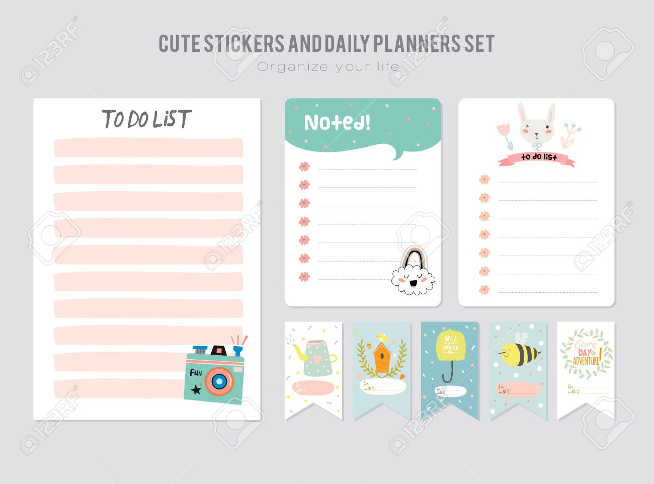 cute daily calendar template note paper and stickers set with
