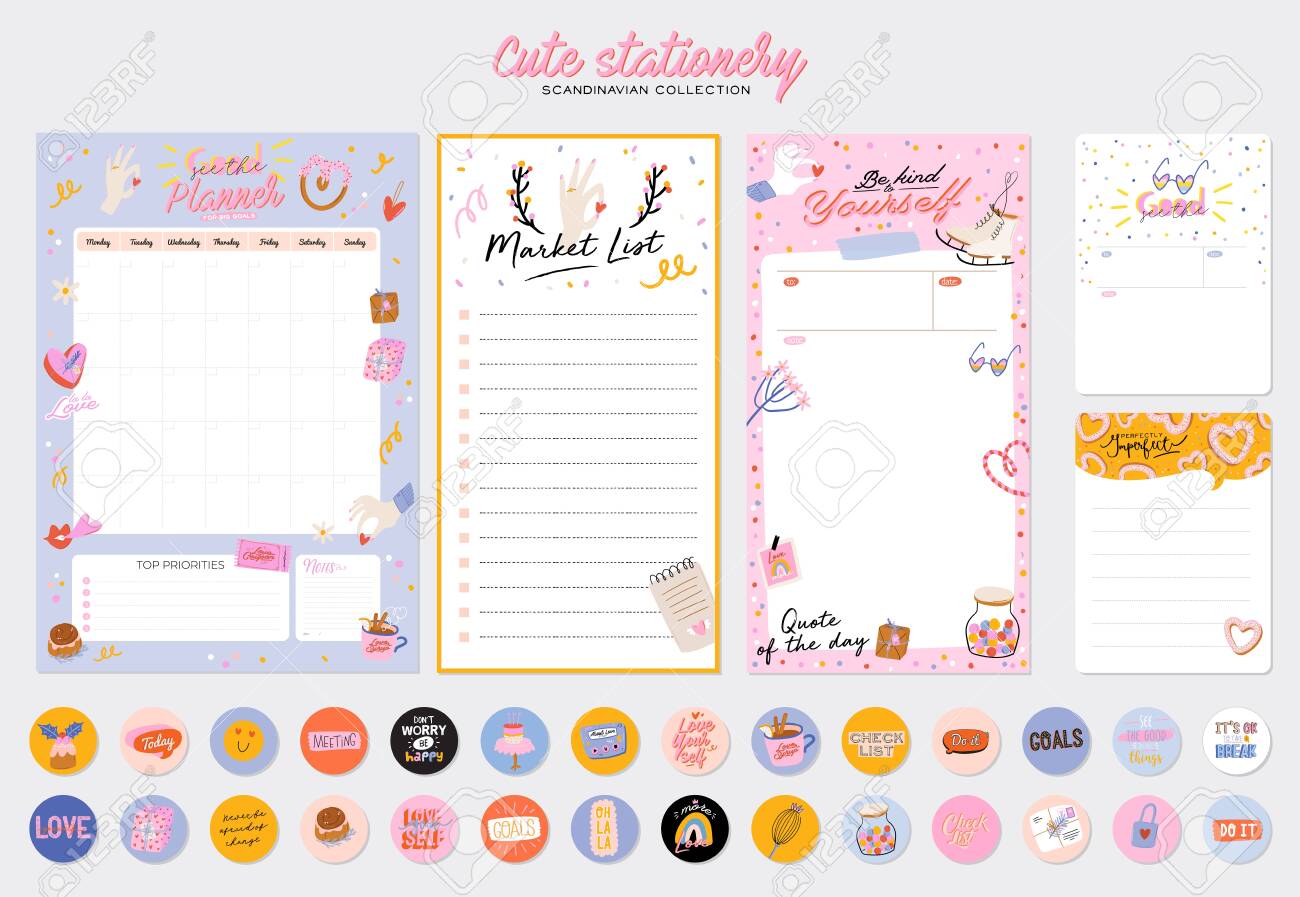 Colección De Planificador O Diario, De Notas, Lista De Tareas Pendientes, De Pegatinas Decoradas Con Lindas Ilustraciones De Amor Citas Inspiradoras. Programador Y Organizador Escolar. Vector Plano Ilustraciones