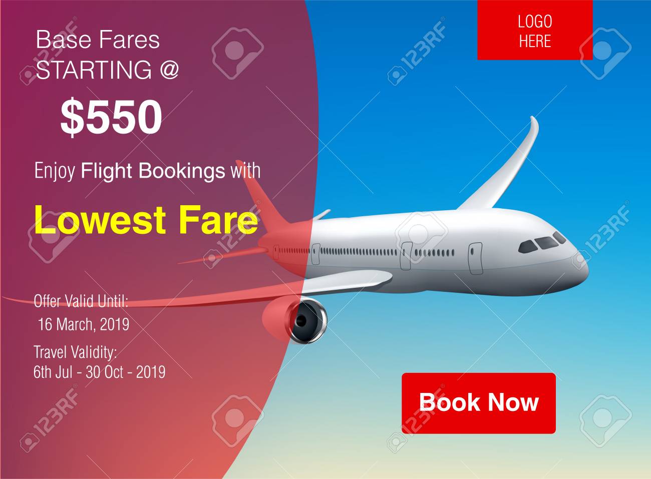 Download Realistic Vector Banner For Cheap Flights Business Promotion Royalty Free Cliparts Vectors And Stock Illustration Image 108895693 Yellowimages Mockups