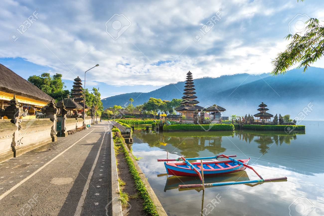 Pura Ulun Danu Bratan Floating Temple With Local Boat In Fore