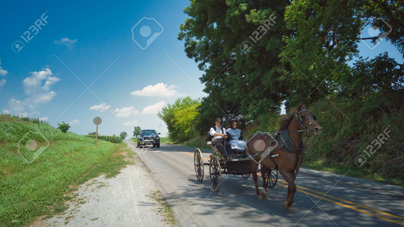 Ronks, Pennsylvania, July 2020 - An Amish Horse and Open Buggy With an Amish Couple in it on a Summer Day - 163318694 Ronks, Pennsylvania, July 2020 - An Amish Horse and Open Buggy With an Amish Couple in it on a Summer Day - 163318694