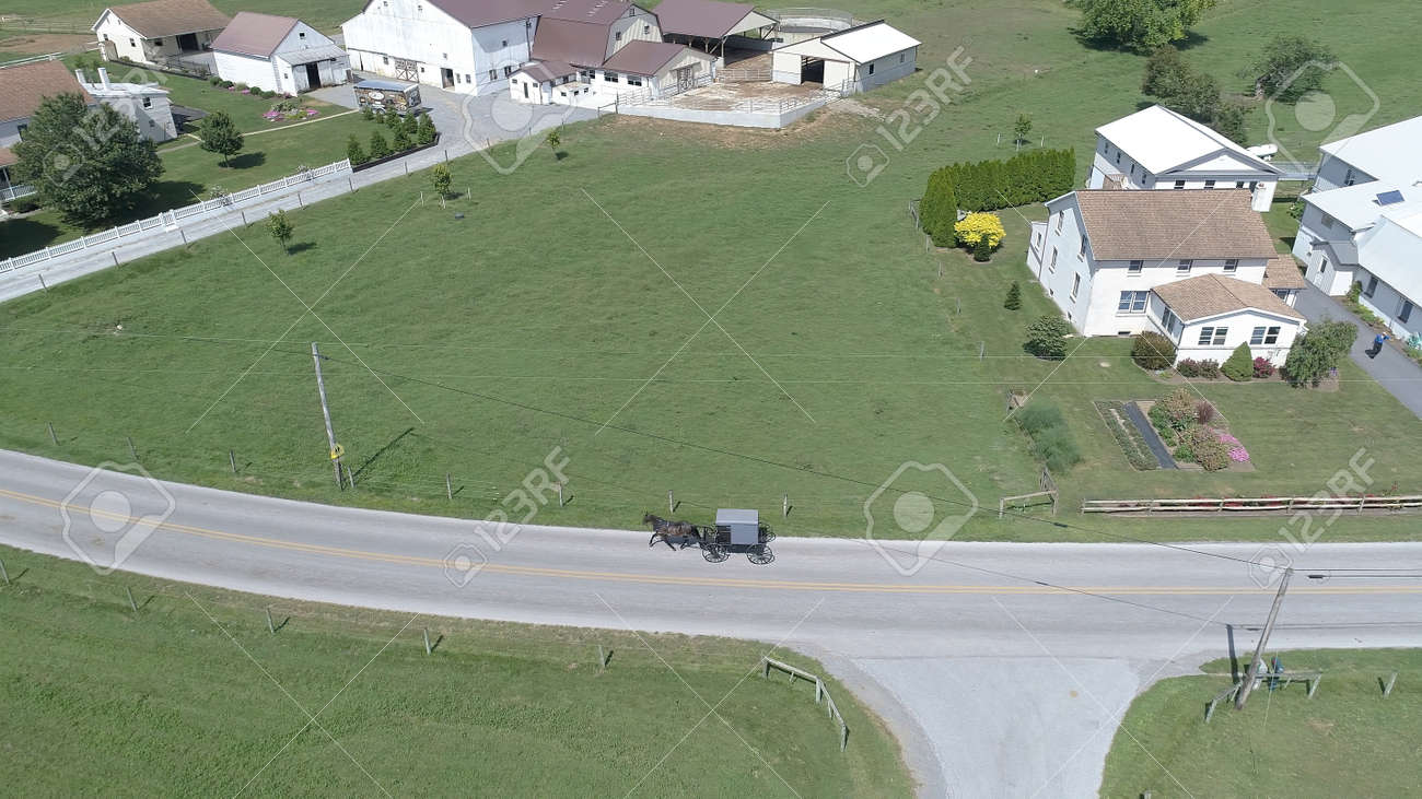 Aerial View of an Amish Horse and Buggy Trotting Along the Road Side - 165159323 Aerial View of an Amish Horse and Buggy Trotting Along the Road Side - 165159323