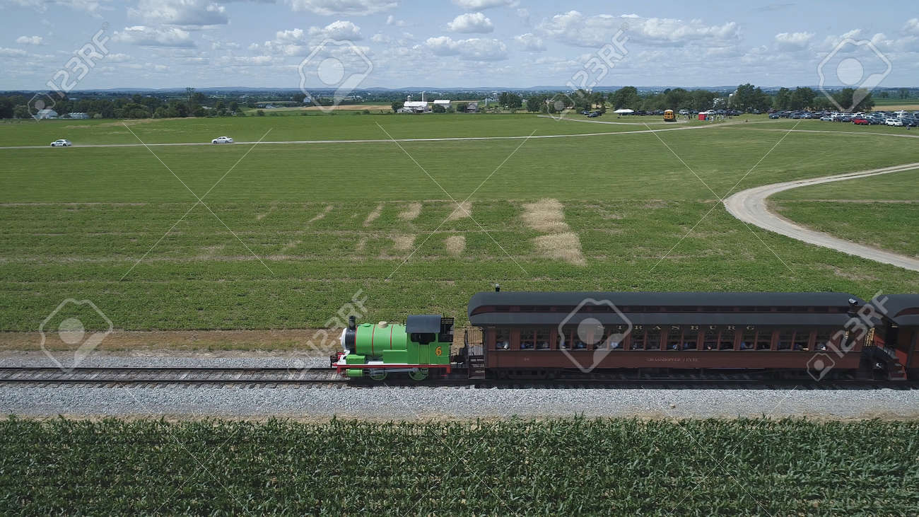 Ronks, Pennsylvania, June 2019 - Aerial View of Percy the Tank Engine Puffing and Steaming along the Countryside - 165167357 Ronks, Pennsylvania, June 2019 - Aerial View of Percy the Tank Engine Puffing and Steaming along the Countryside - 165167357