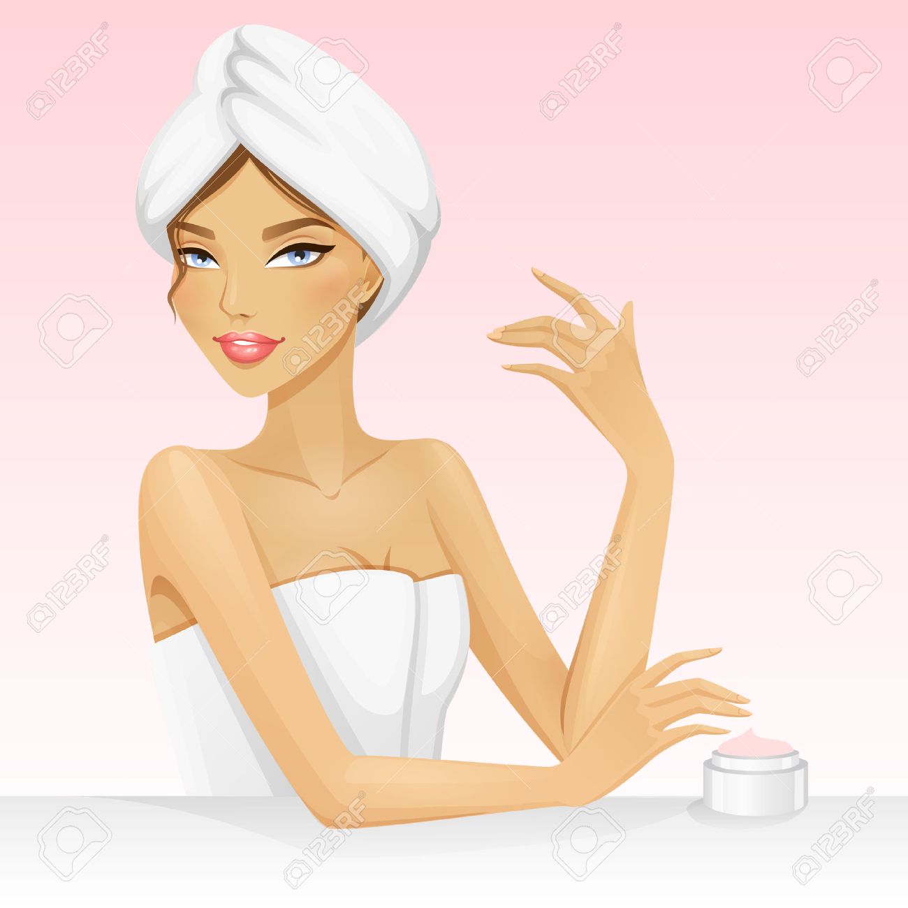 Woman with a towel on the head after shower or bath. Beautiful vector illustration for spa or beauty. Spa girl. - 43273566 Woman with a towel on the head after shower or bath. Beautiful vector illustration for spa or beauty. Spa girl. - 43273566