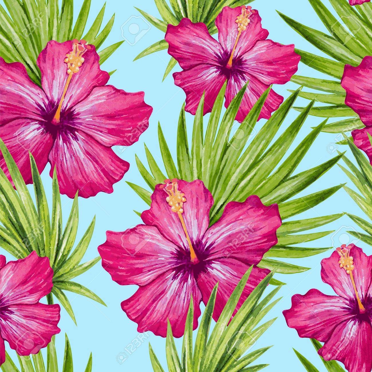 Watercolor hibiscus flower and palm leaves seamless pattern. Vector illustration. - 43273977 Watercolor hibiscus flower and palm leaves seamless pattern. Vector illustration. - 43273977