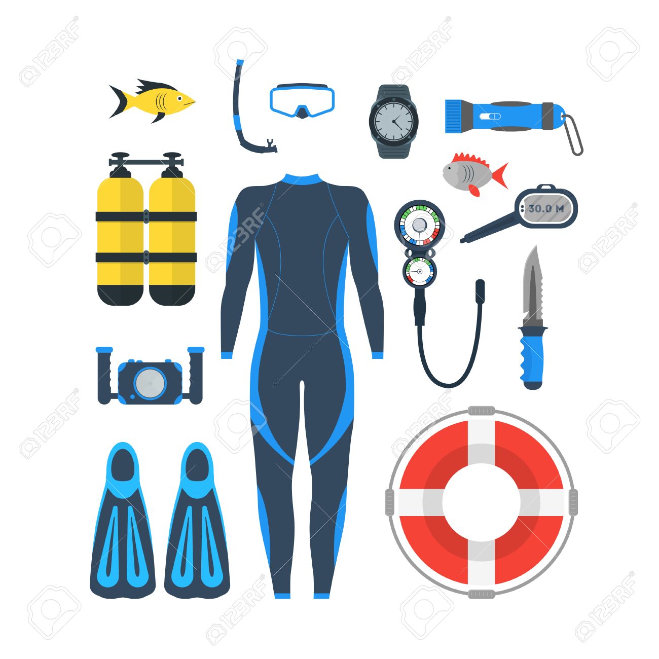 Diving Equipment Set. Mask and Snorkel or Scuba, Flippers and Suit for Swimming. Flat Design Style. Vector illustration - 64155389 Diving Equipment Set. Mask and Snorkel or Scuba, Flippers and Suit for Swimming. Flat Design Style. Vector illustration - 64155389