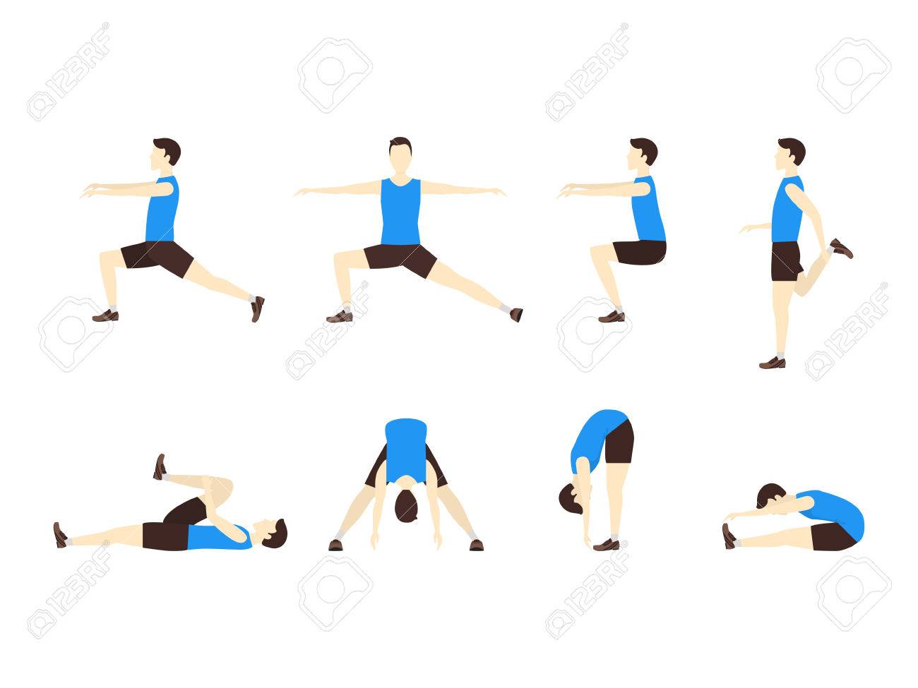 Stretching Exercise Set with Man Flat Design Style. Sports and Fitness for Health. Vector illustration - 64155682 Stretching Exercise Set with Man Flat Design Style. Sports and Fitness for Health. Vector illustration - 64155682