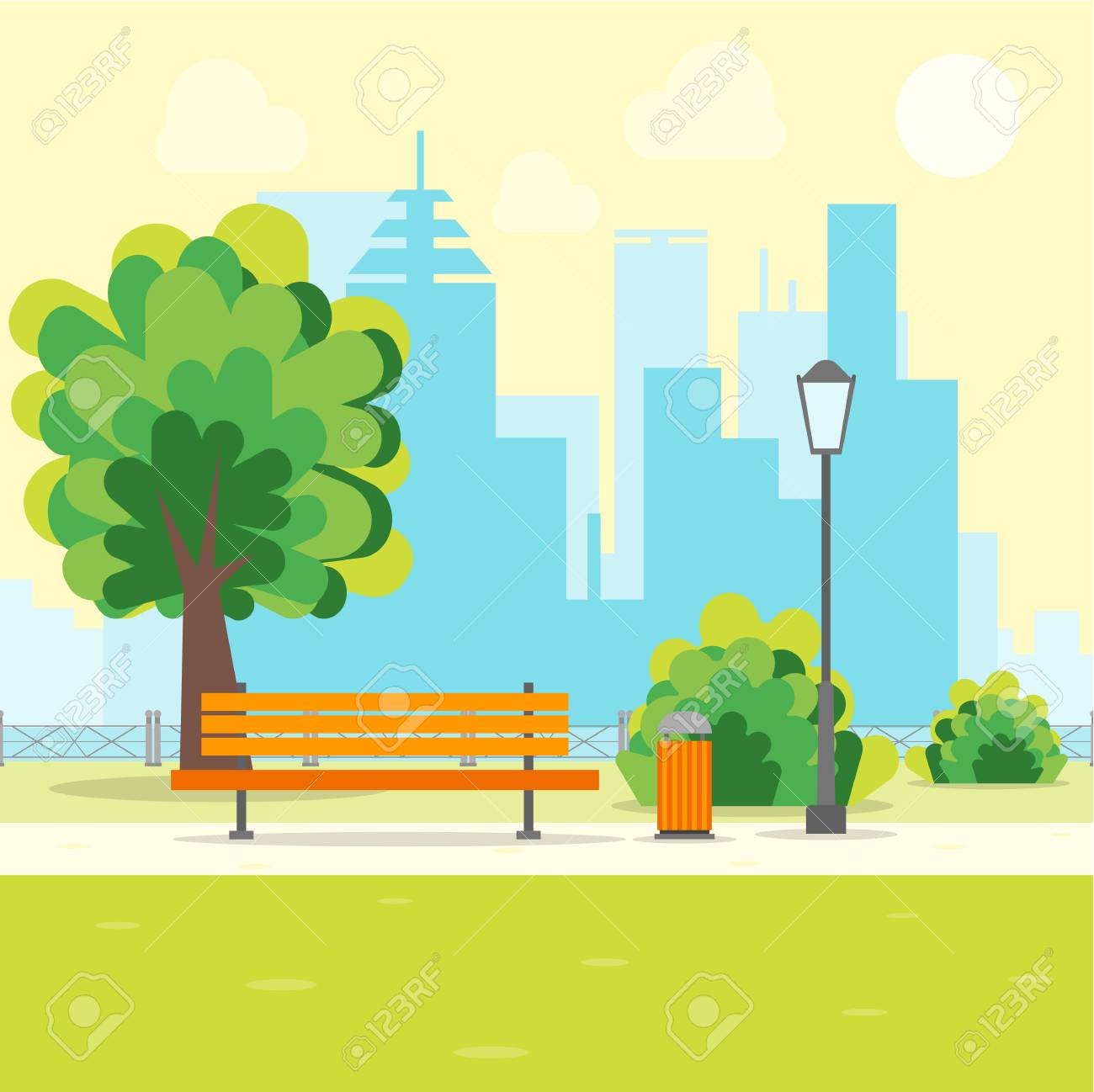 Cartoon Urban Park With Bench Vector Royalty Free Cliparts Vectors And Stock Illustration Image