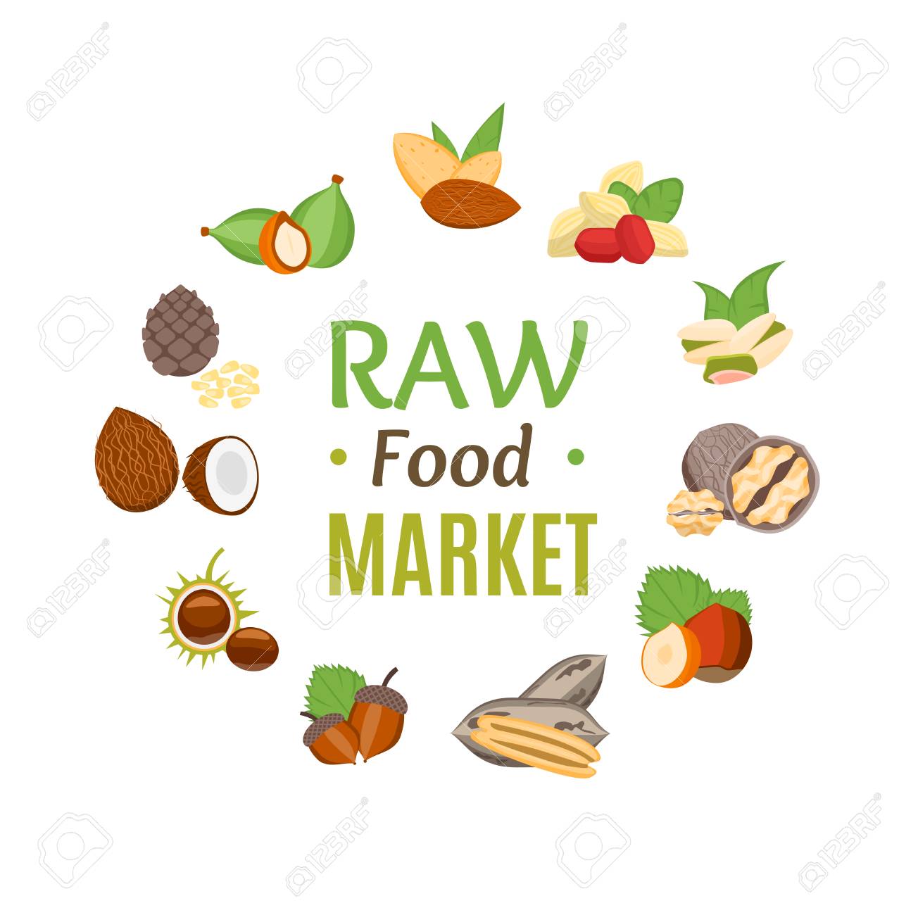 raw food market round design template witch nuts icons vector