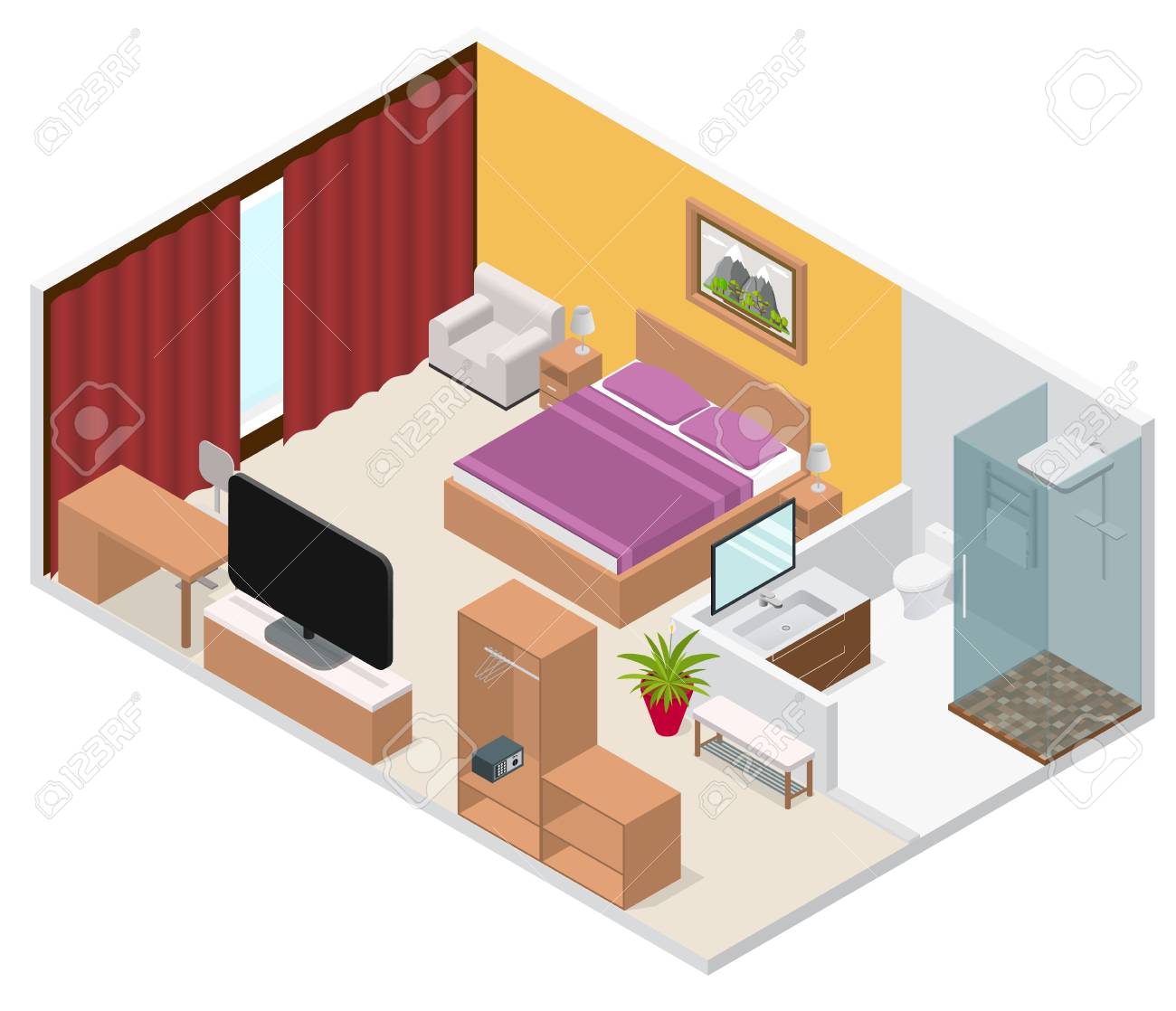 Interior Hotel Room Isometric View Vector