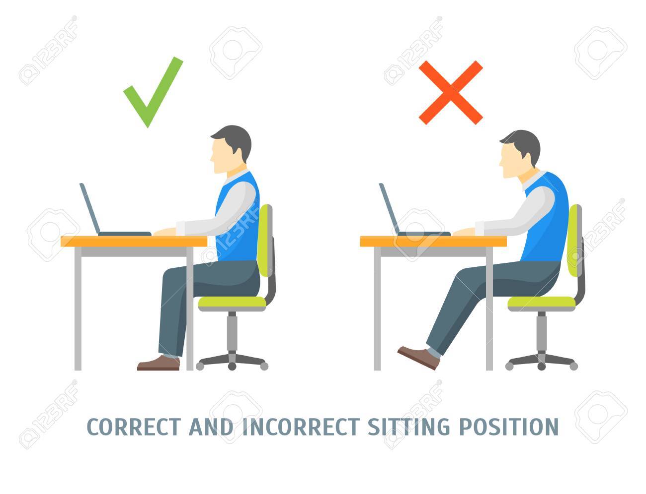 Incorrect and Correct Sitting Position Man Card Healthcare Concept. Flat Design Style. Vector illustration - 82833755 Incorrect and Correct Sitting Position Man Card Healthcare Concept. Flat Design Style. Vector illustration - 82833755