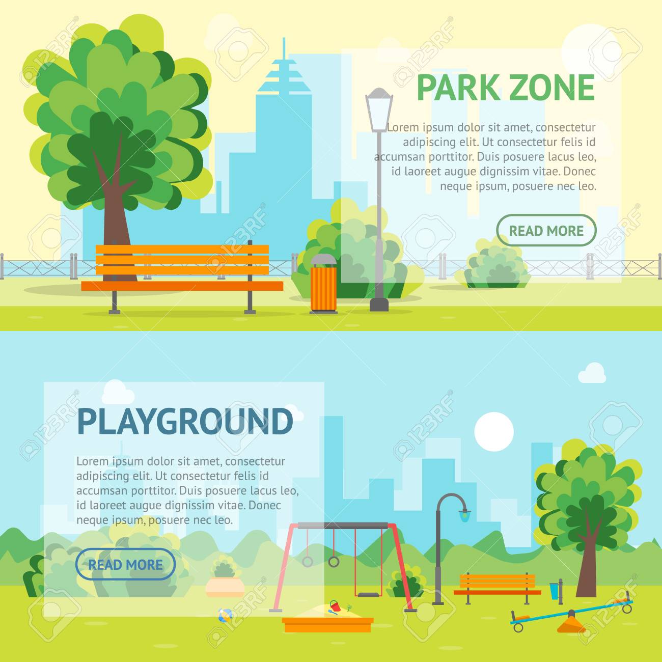 cartoon urban park and kids playground banner card on a landscape cartoon playground background