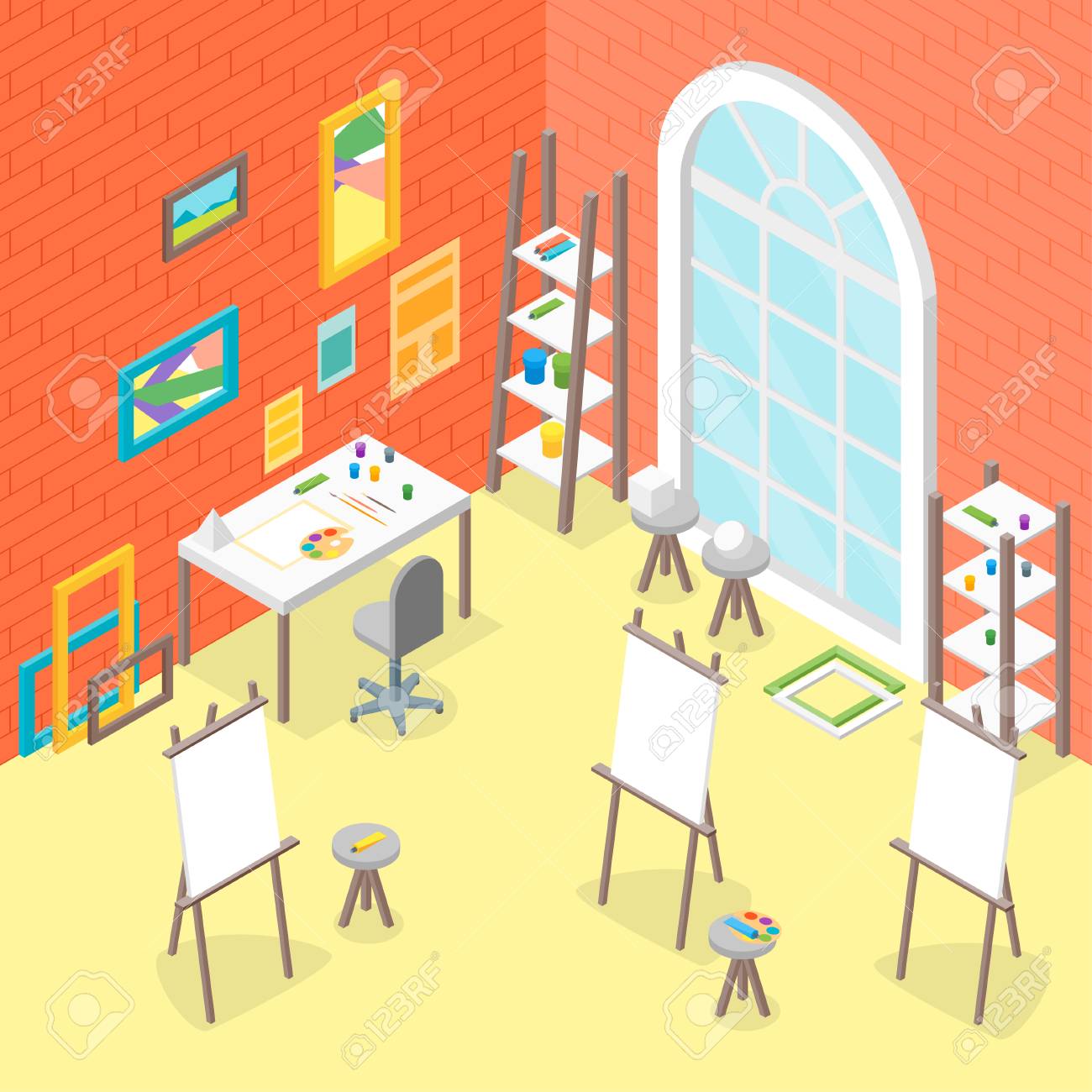 アーティスト職場インテリア家具等角プロフェッショナル コミュニティ スタジオまたは創造的な芸術家のためのコワーキング センター のイラスト素材 ベクタ Image