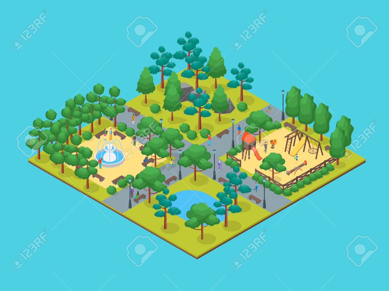 Green City Park Concept Isometric View On A Blue Background Element Map Royalty Free Cliparts Vectors And Stock Illustration Image 95