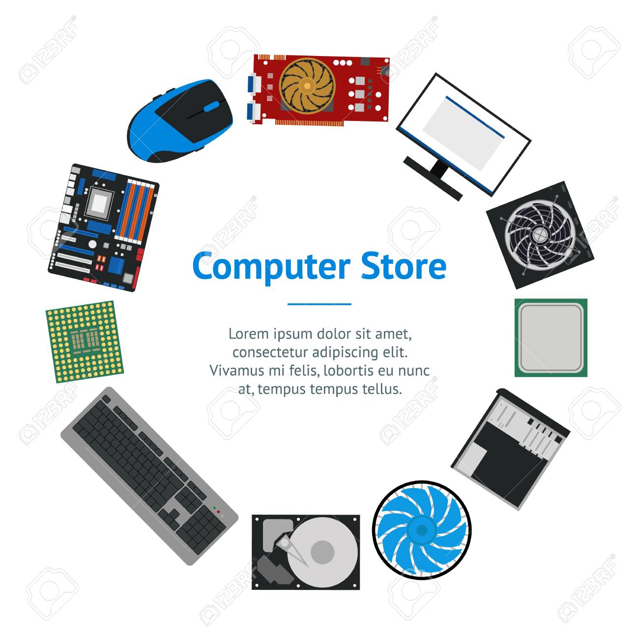 Cartoon Pc Components Or Parts For Computer Store Banner Card