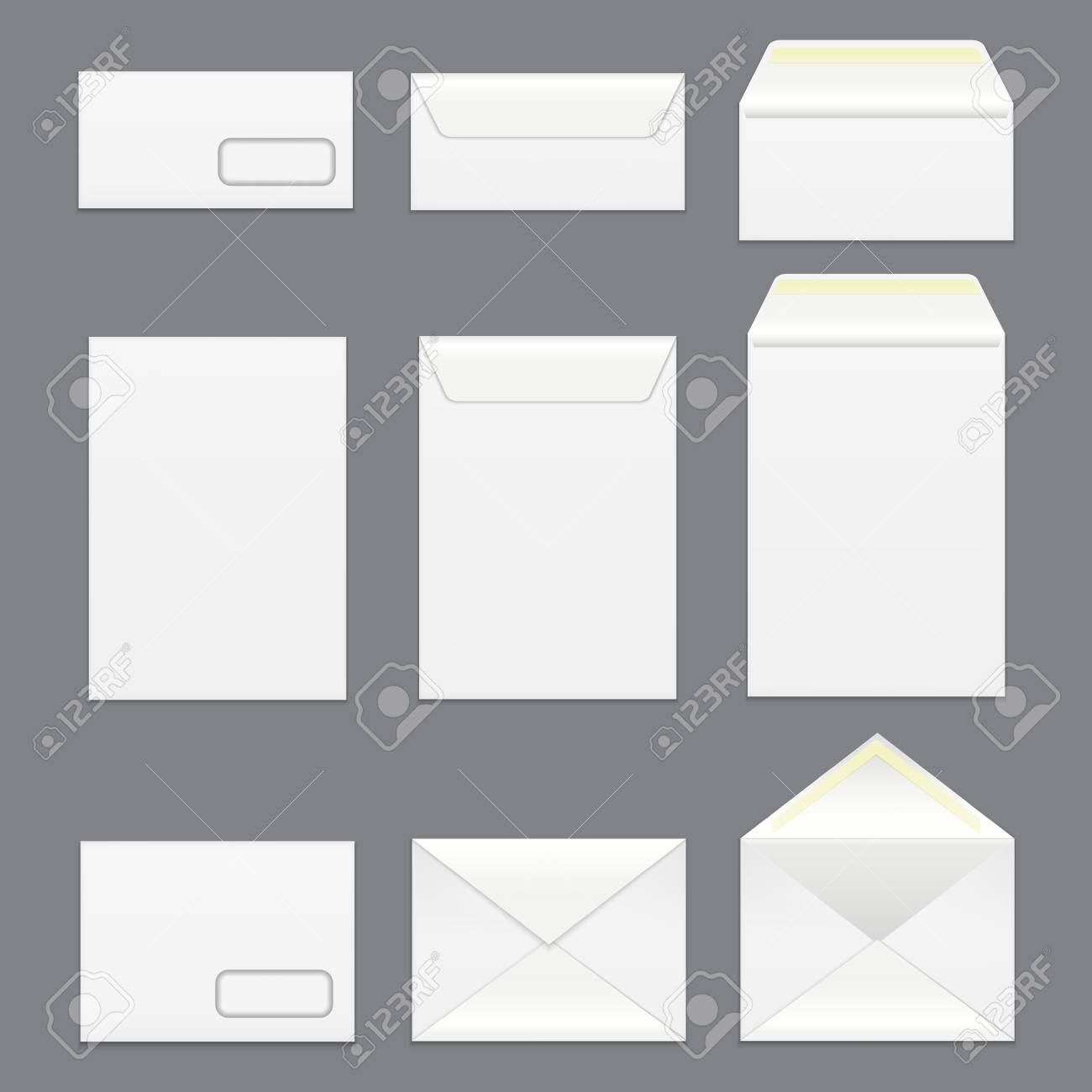 realistic detailed 3d white blank envelopes template mockup set