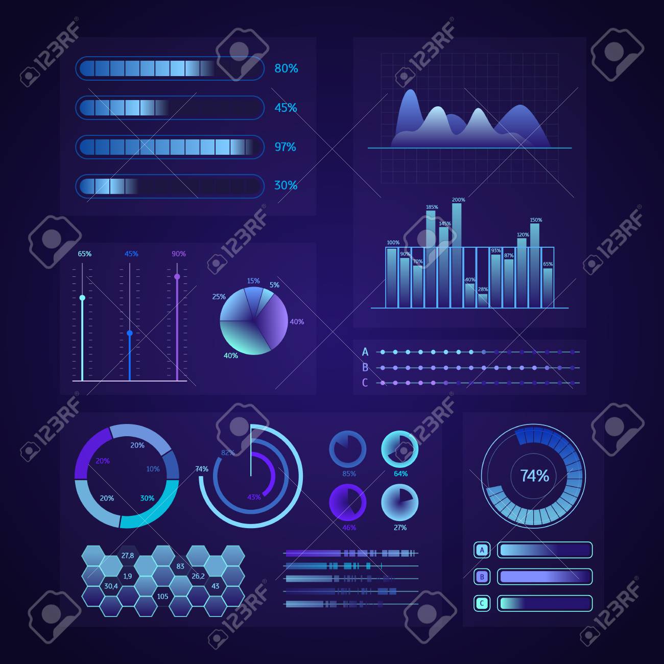 115498800 Technology Graphics Elements Set For Web And App Design On A Dark Blue Background Vector
