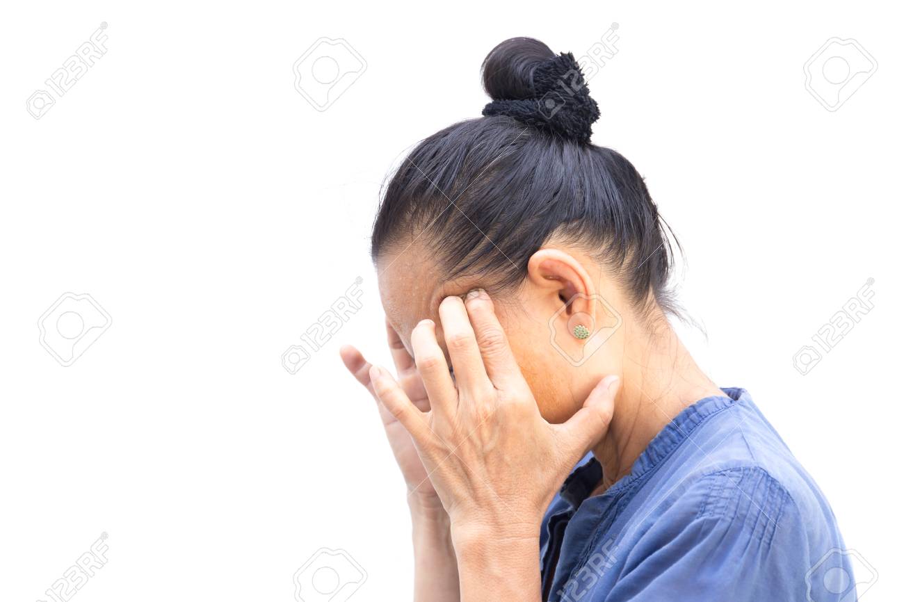 senior woman had bad headache and sweating on forehead isolated