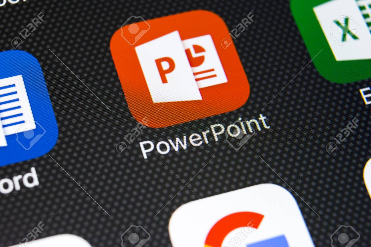 Sankt-Petersburg, Russia, February 22, 2018: Microsoft Powerpoint  Application Icon On Apple IPhone X Screen Close-up. PowerPoint App Icon.  Microsoft Power Point Application. Social Media Network Stock Photo,  Picture and Royalty Free Image., image size:1300x866