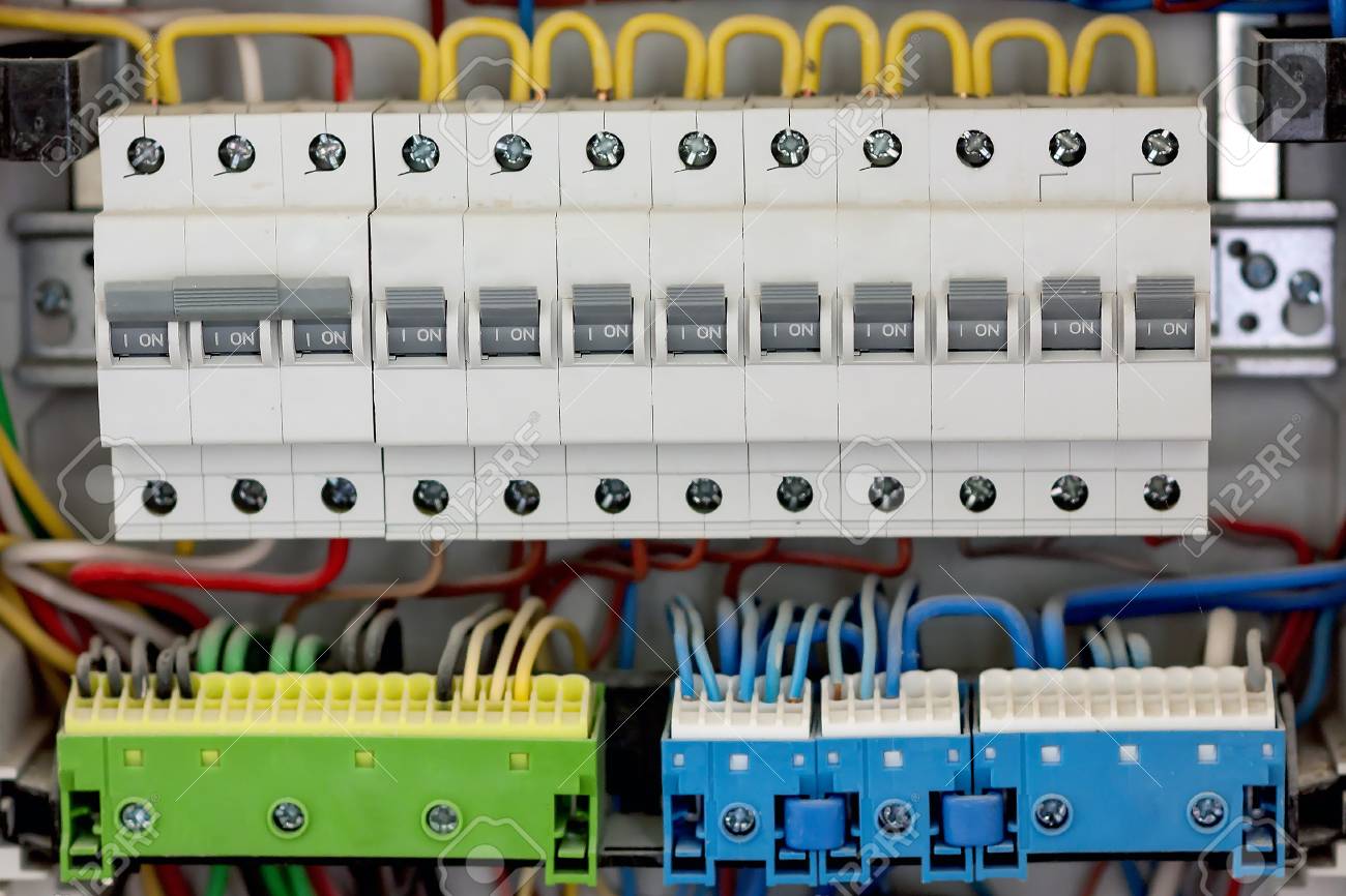 Fusebox. Electical distribution fuseboard. Electrical supplies. Electrical panel at a assembly line factory. Controls