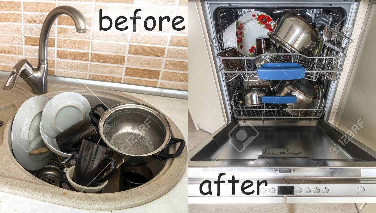 汚い台所用品 器具 食器をシンクします きれいなお料理とオープン食器洗い機 改善 簡単 快適な生活や進捗状況の概念 の写真素材 画像素材 Image