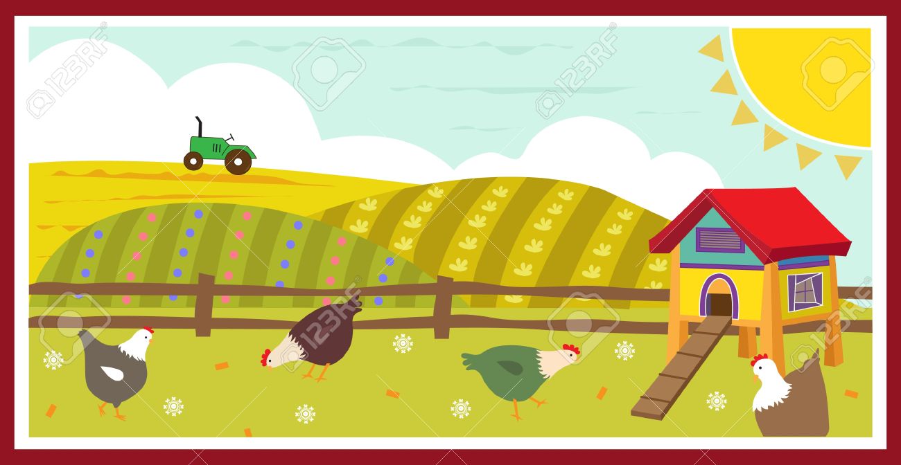 フィールド フィールドと鶏小屋の鶏のかわいいベクトル イラストで鶏 のイラスト素材 ベクタ Image