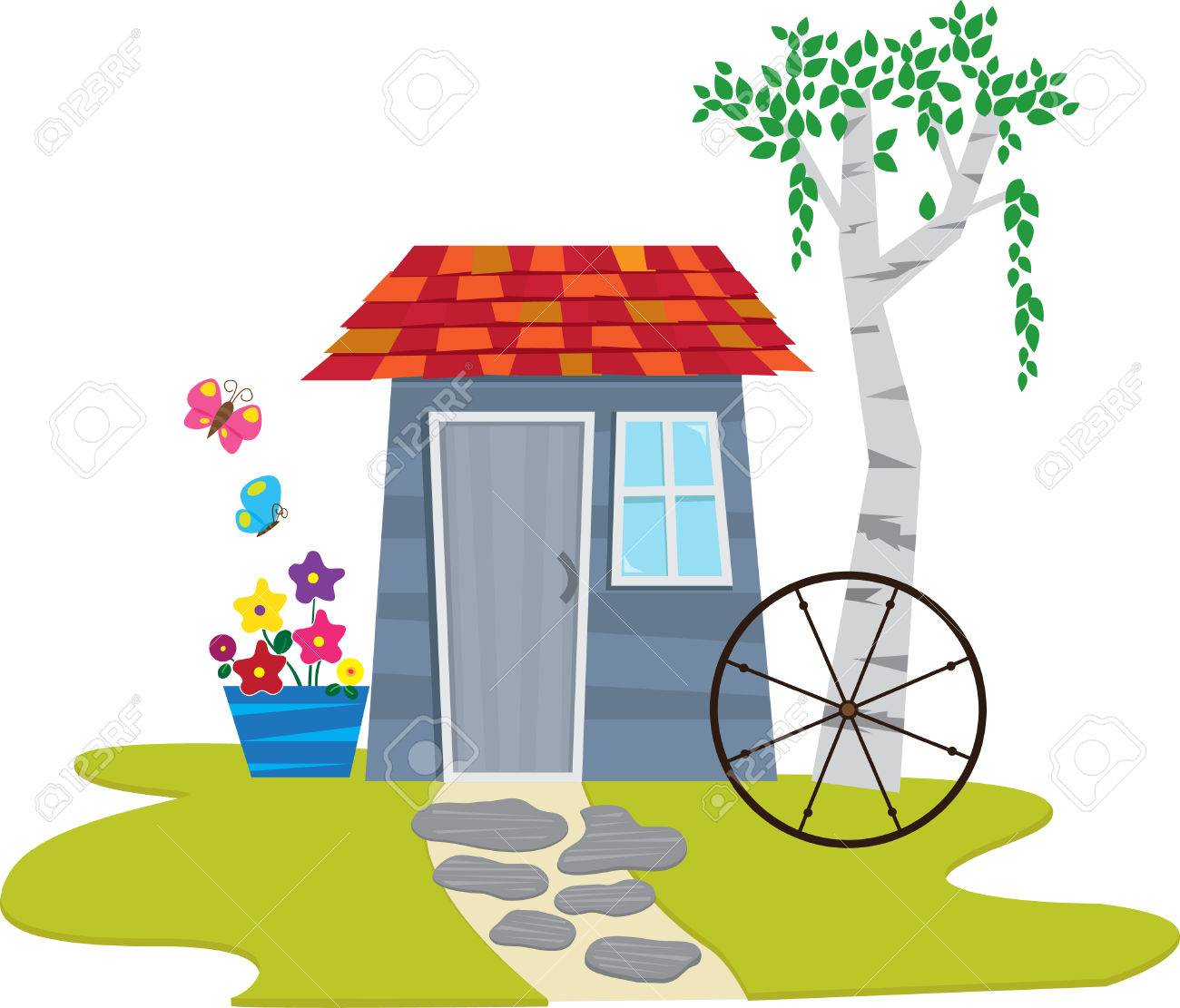 蝶 花と蝶かわいい庭の小屋と小屋します のイラスト素材 ベクタ Image