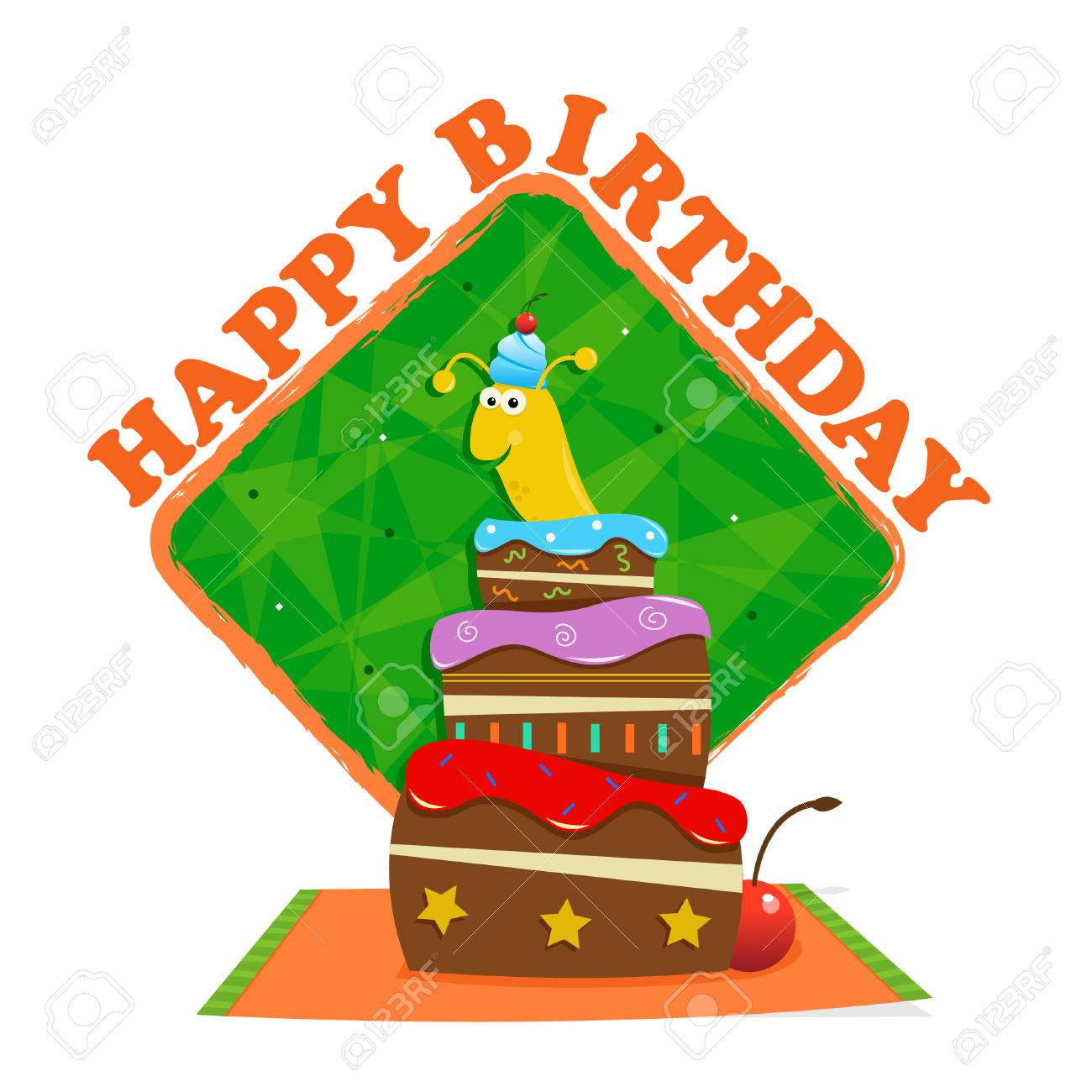 Anniversaire Slug Mignon Banane Slug Est Popping Sur Un Gateau D Anniversaire En Face D Un Signe De Joyeux Anniversaire Avec Un Fond Decoratif Clip Art Libres De Droits Vecteurs Et Illustration