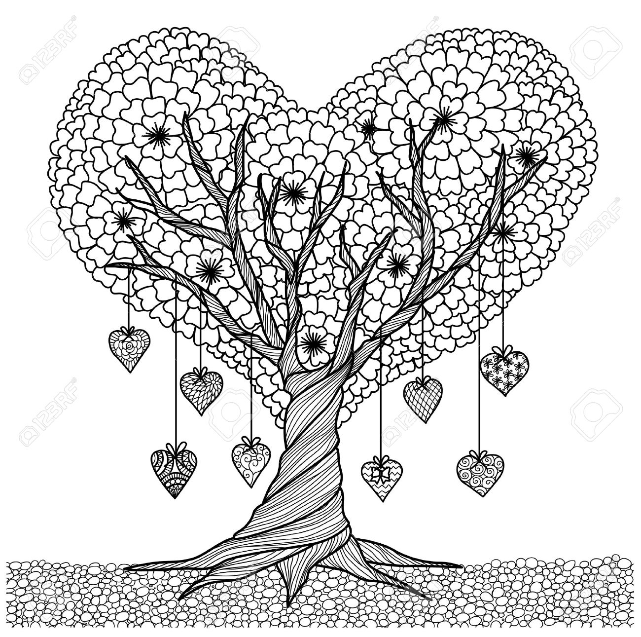 Hand Drawn Heart Shape Tree For Coloring Book For Adult Royalty Free ... Hand Drawn Heart Shape Tree For Coloring Book For Adult Royalty Free ...