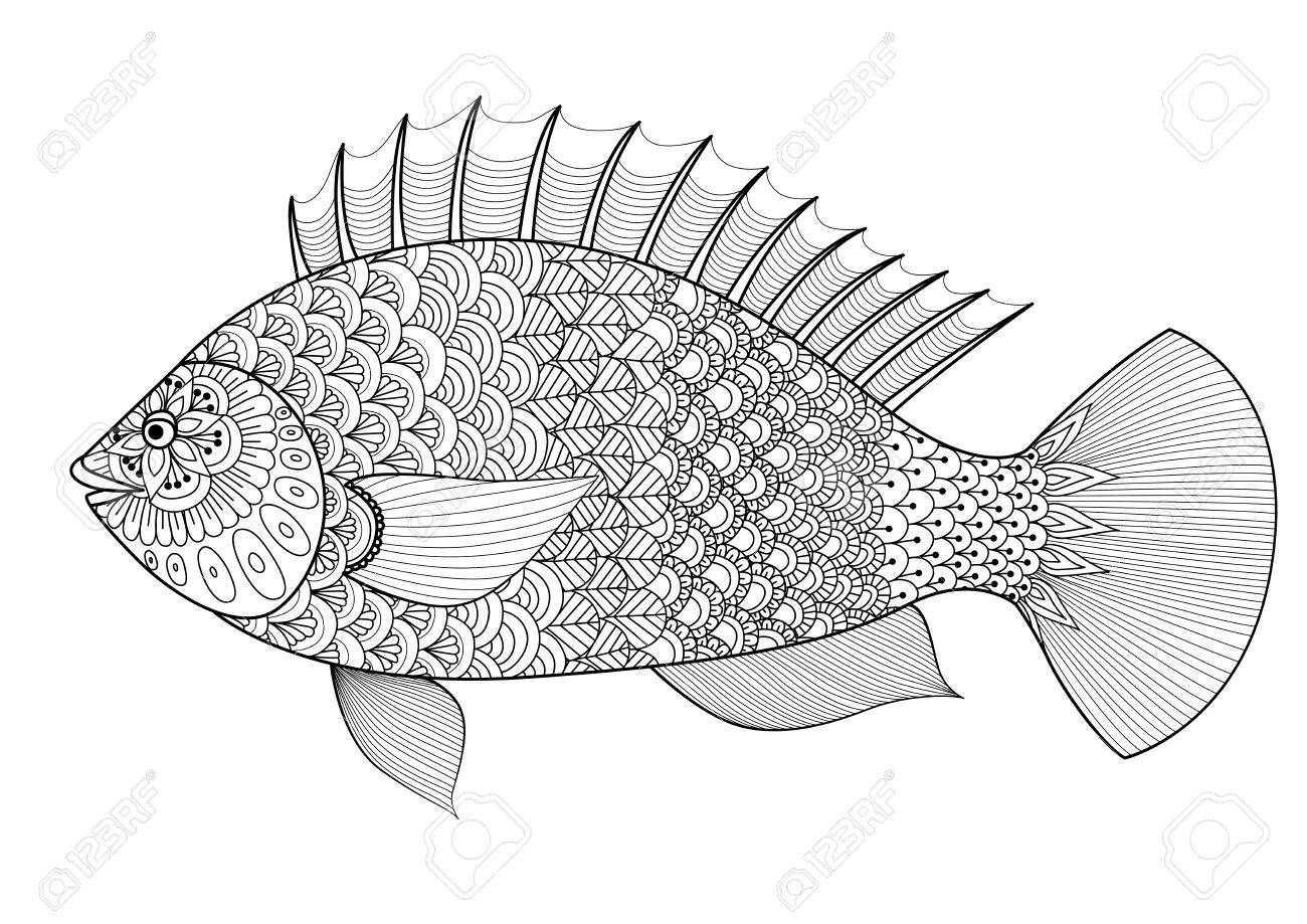 魚ラインの大人 タトゥー T シャツのデザイン 設計のための要素のように塗り絵のアート デザイン のイラスト素材 ベクタ Image