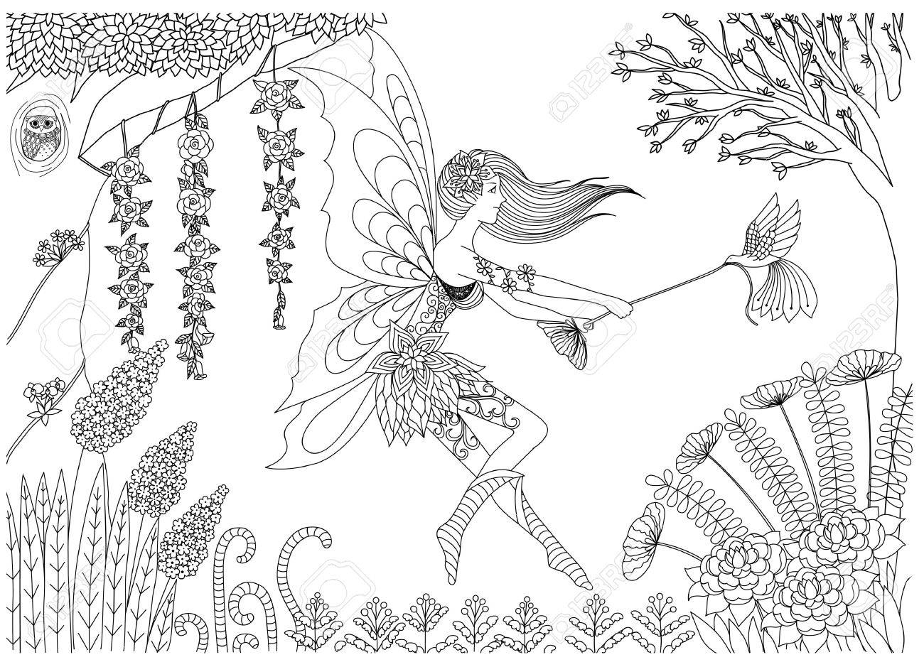 妖精が大人用の塗り絵のフォレスト設計における鳥と遊んでいます のイラスト素材 ベクタ Image 52854241