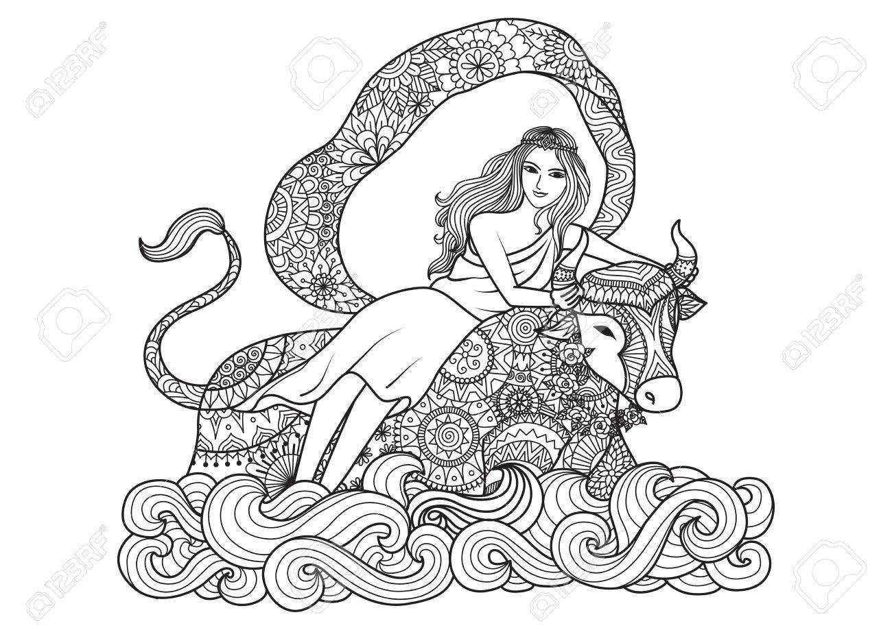 フェニキア王女 ヨーロッパ 大陸ヨーロッパと名付けた人の様式化された Zentangle 大人と子供 T シャツのグラフィック ポスターのための本および他の装飾を着色するために設計されていますのイラスト素材 ベクタ Image フェニキア王女 ヨーロッパ 大陸ヨーロッパと名付けた人の様式化された Zentangle 大人と子供 T シャツのグラフィック ポスターのための本および他の装飾を着色するために設計されていますのイラスト素材 ベクタ Image