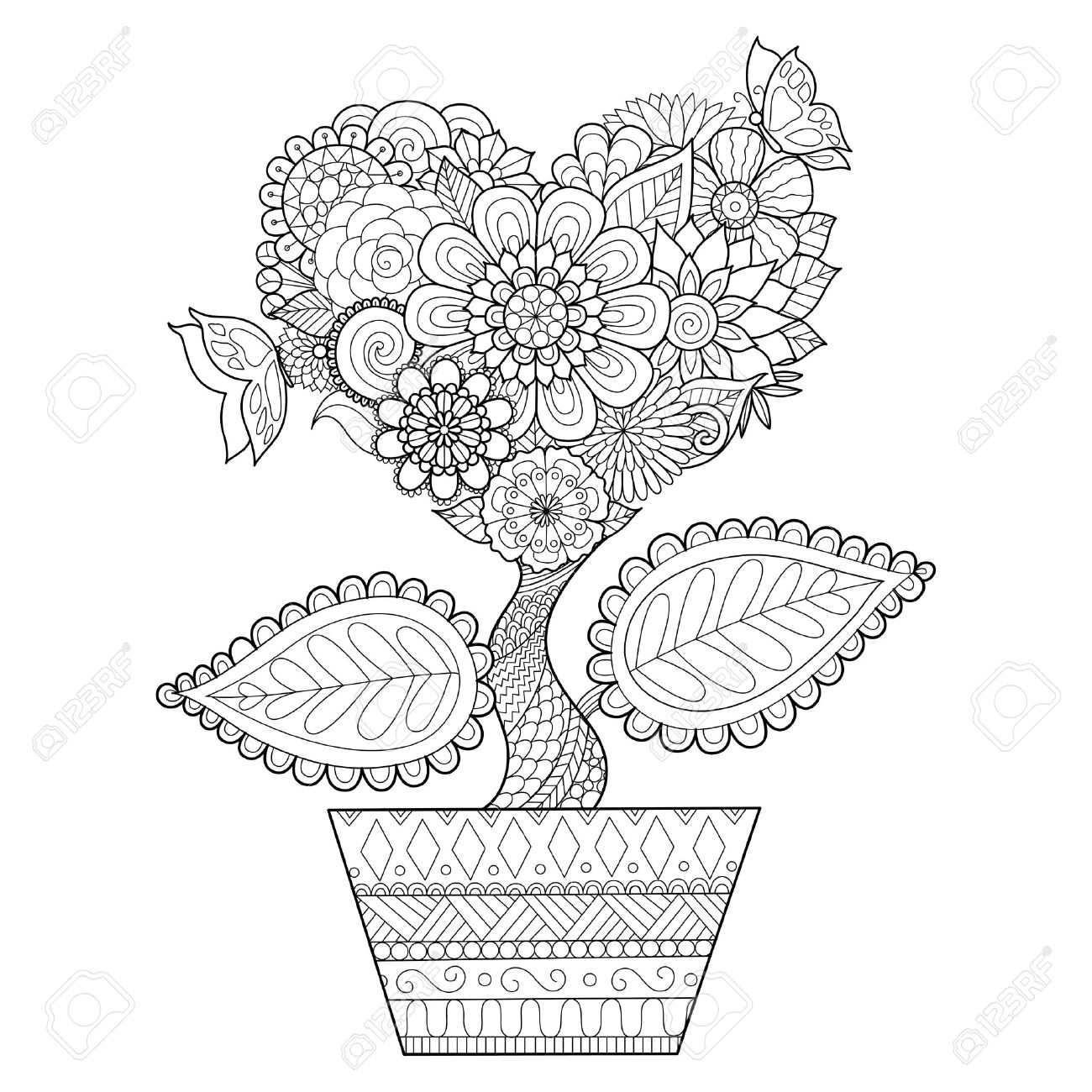 Flowers In Heart Shape On A Pot , For Coloring Book For Adult ... Flowers In Heart Shape On A Pot , For Coloring Book For Adult ...